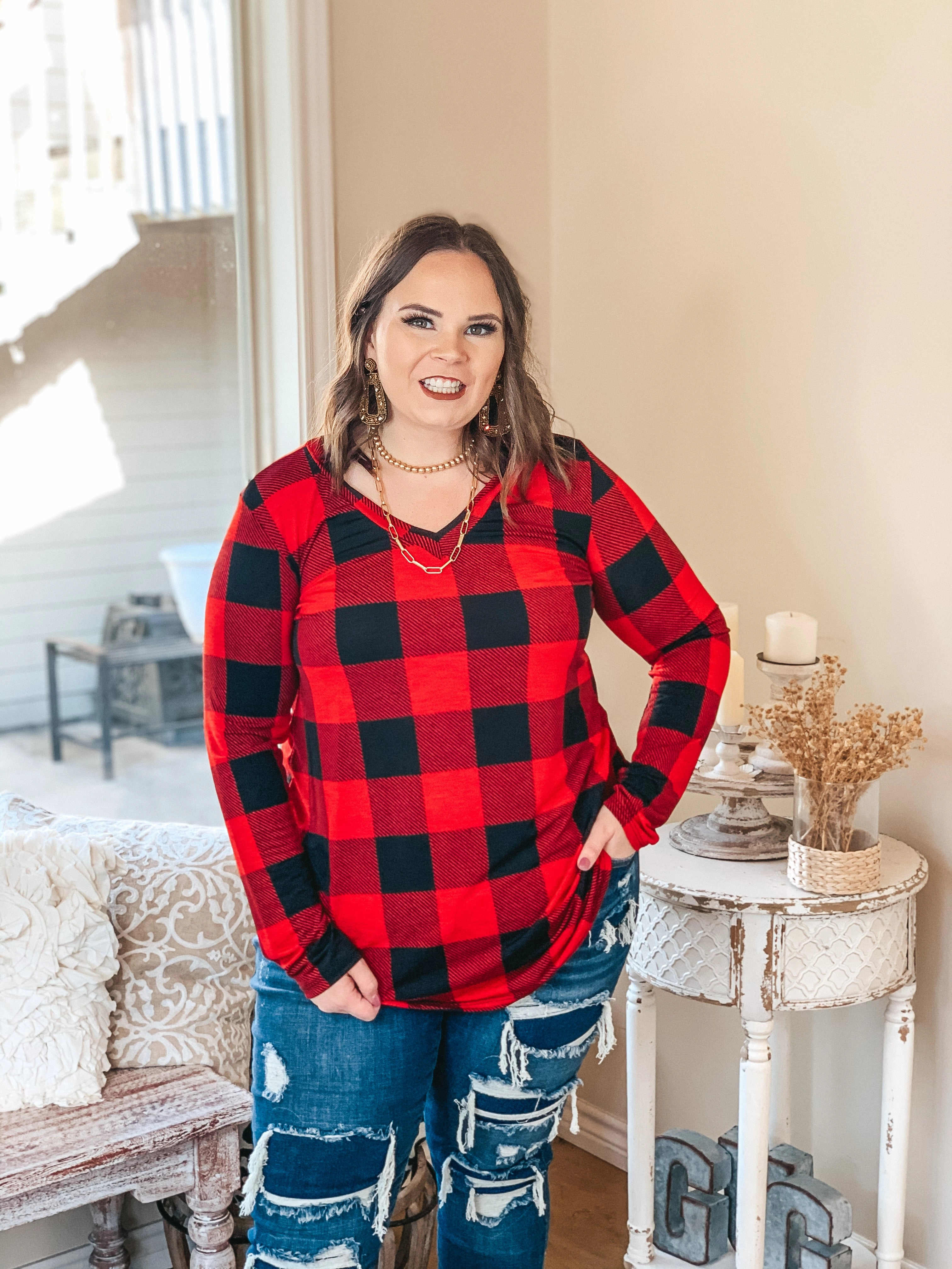 Last Chance Size Small and Medium | Keep Things Simple Long Sleeve Buffalo Plaid V Neck Pullover Top in Red Athletic Wear