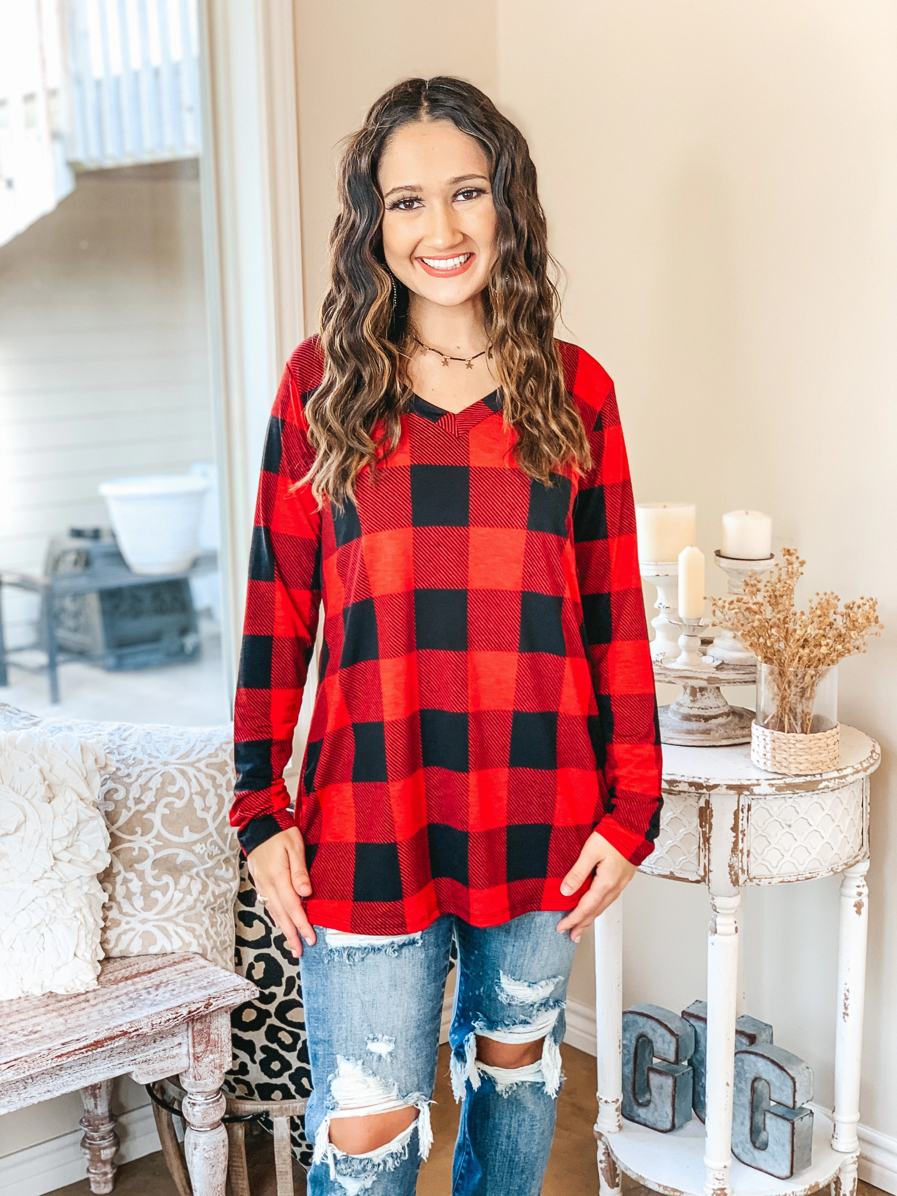 Last Chance Size Small and Medium | Keep Things Simple Long Sleeve Buffalo Plaid V Neck Pullover Top in Red QuickDrying Material All-Day Fit