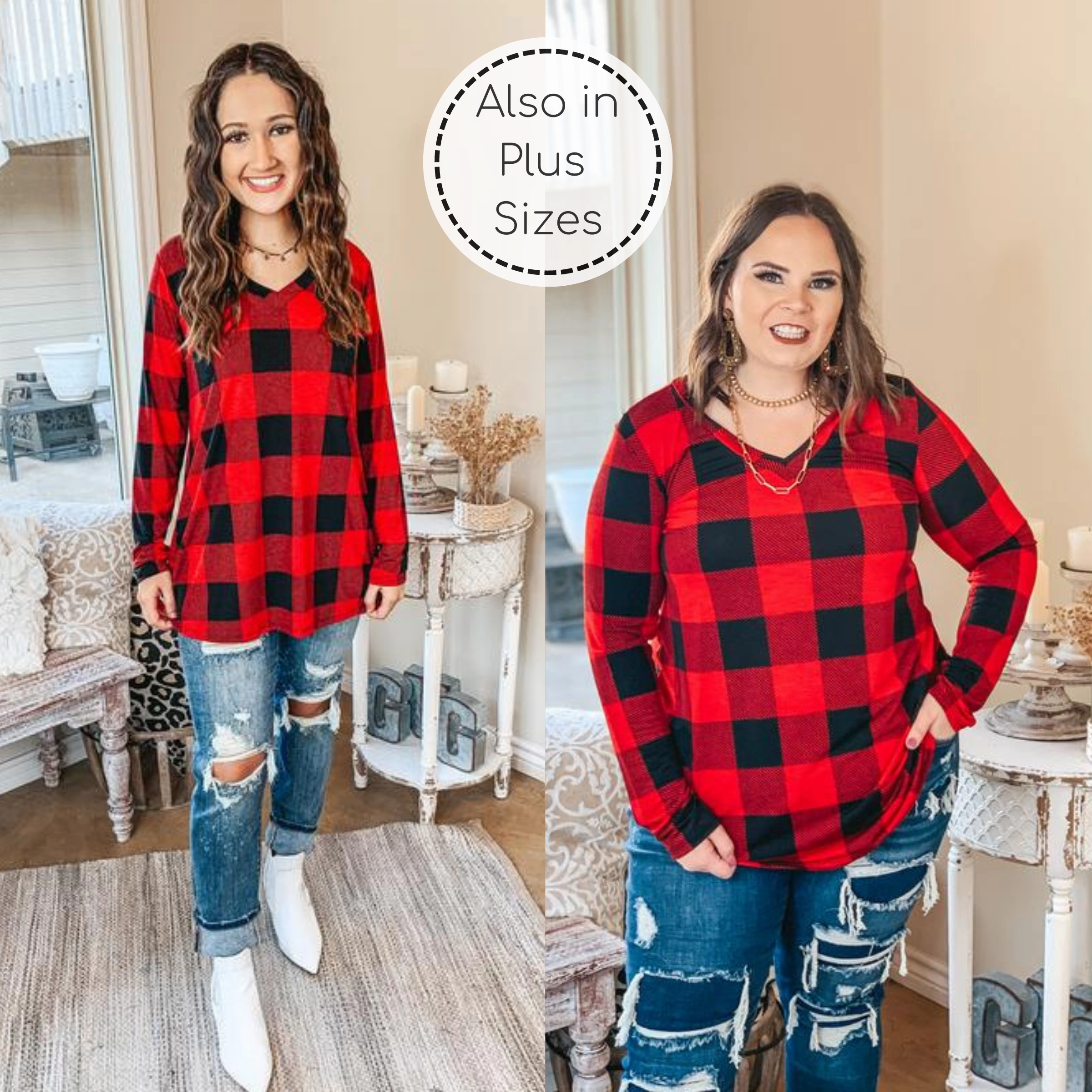 Vented Panels Last Chance Size Small and Medium | Keep Things Simple Long Sleeve Buffalo Plaid V Neck Pullover Top in Red