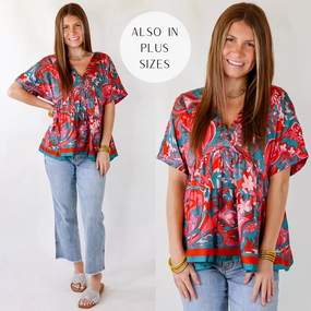 Last Chance Size Small and Medium | Merlot Meeting Baroque Print V Neck Top in Pink and Teal Nature Glow