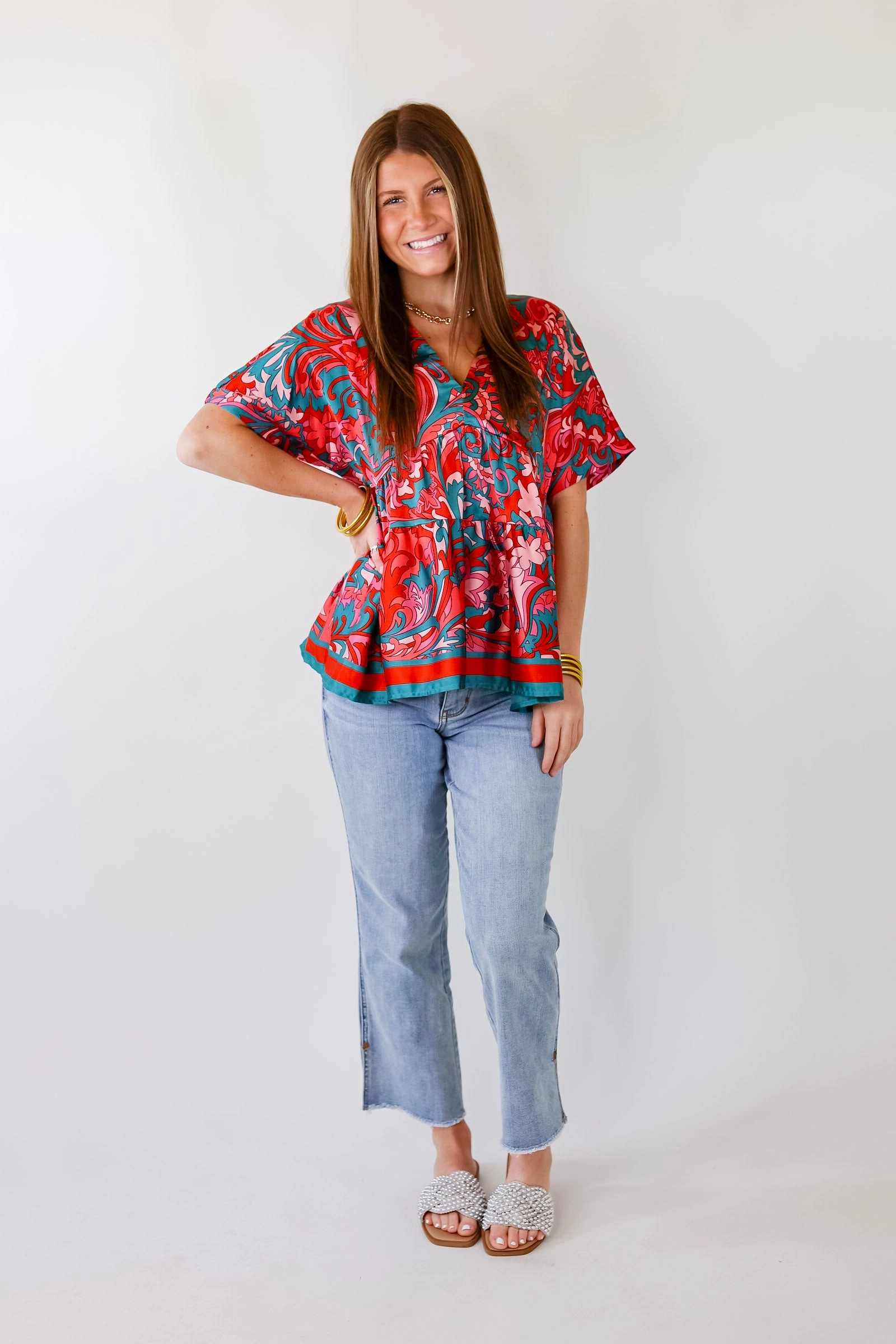 Ice Fit Still Glow Last Chance Size Small and Medium | Merlot Meeting Baroque Print V Neck Top in Pink and Teal