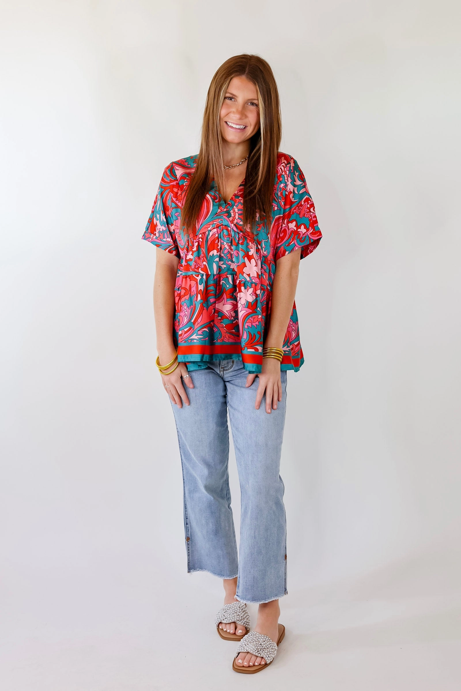 Last Chance Size Small and Medium | Merlot Meeting Baroque Print V Neck Top in Pink and Teal french chic