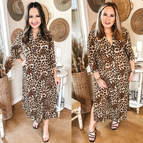 Last Chance Size Small and Medium | Stunt Moves Button Up 3/4 Sleeve Maxi Dress in Leopard Print StretchableMaterial