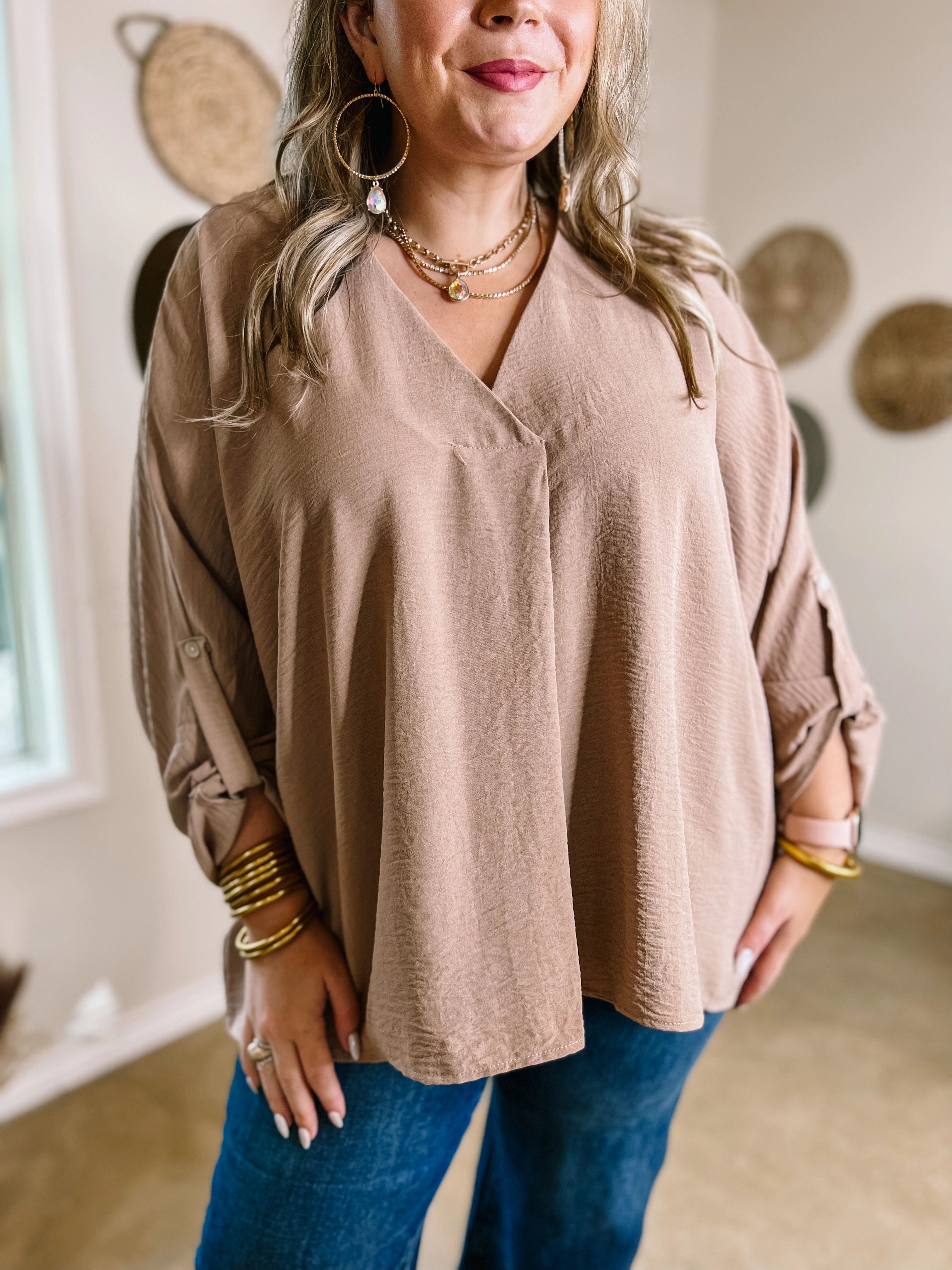 Casual dress Last Chance Size Small and Medium | Weekend Out V Neck Placket 3/4 Sleeve Top in Taupe