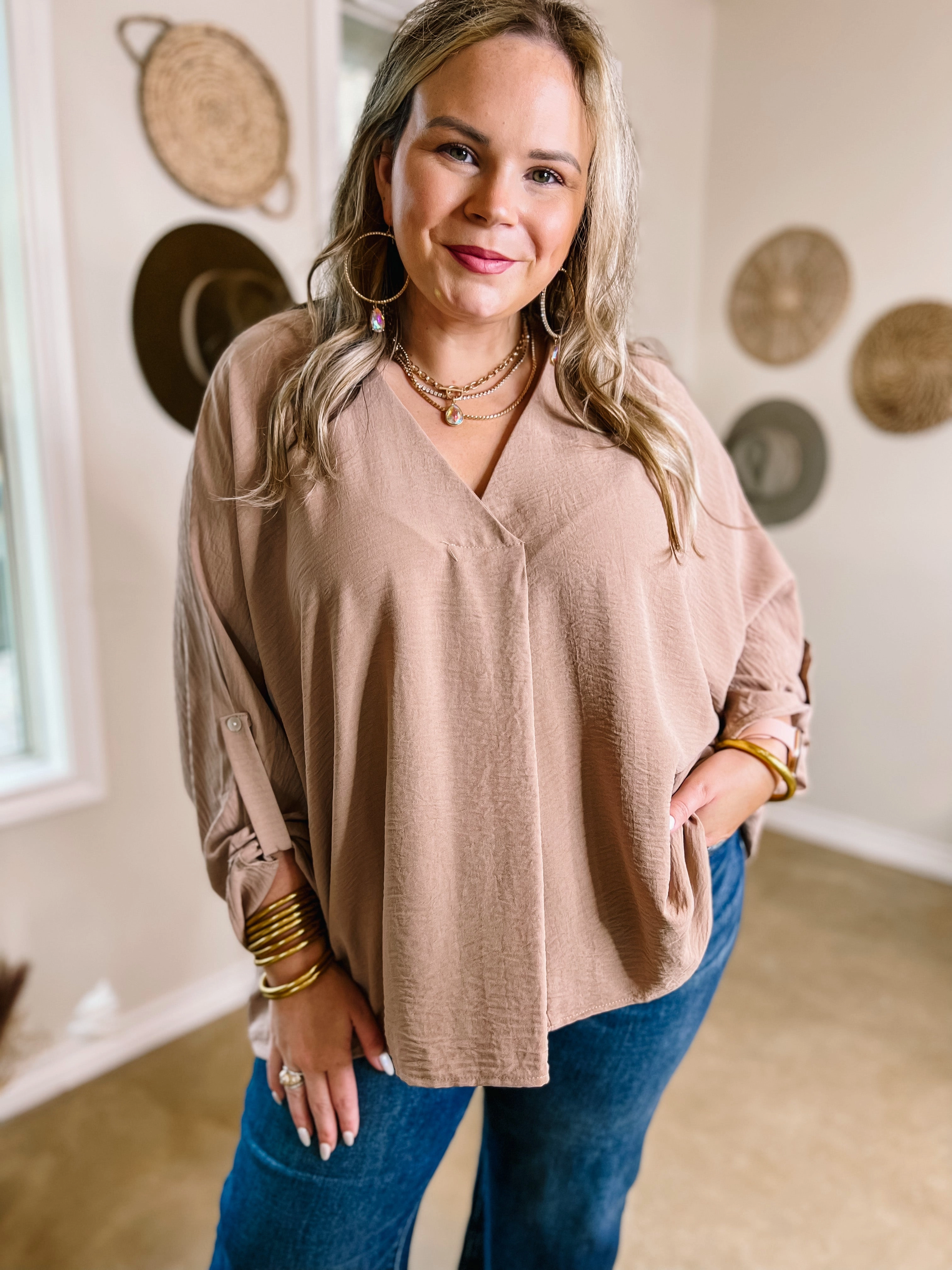 Last Chance Size Small and Medium | Weekend Out V Neck Placket 3/4 Sleeve Top in Taupe Cool Glow