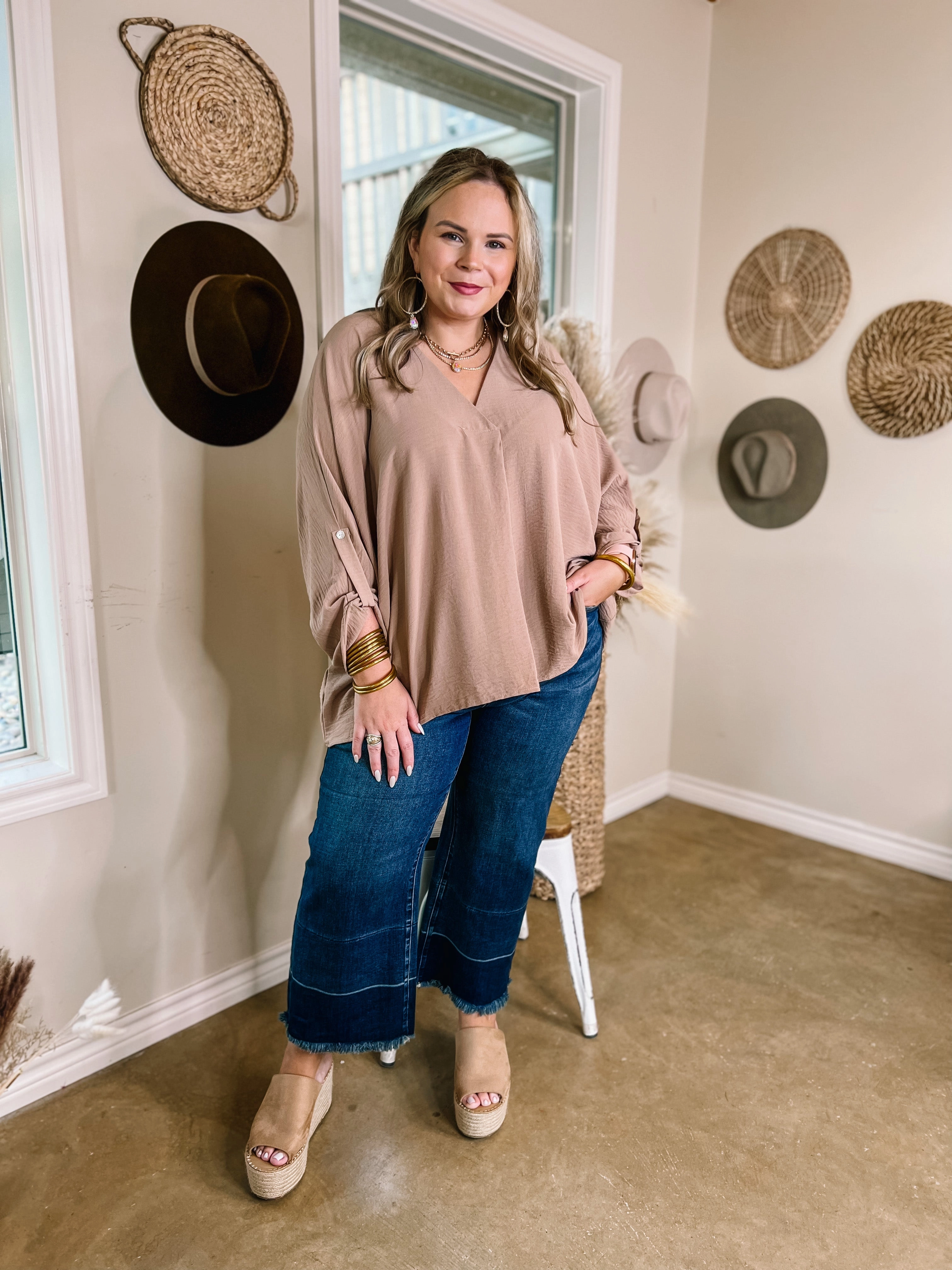 Last Chance Size Small and Medium | Weekend Out V Neck Placket 3/4 Sleeve Top in Taupe Cyber Core