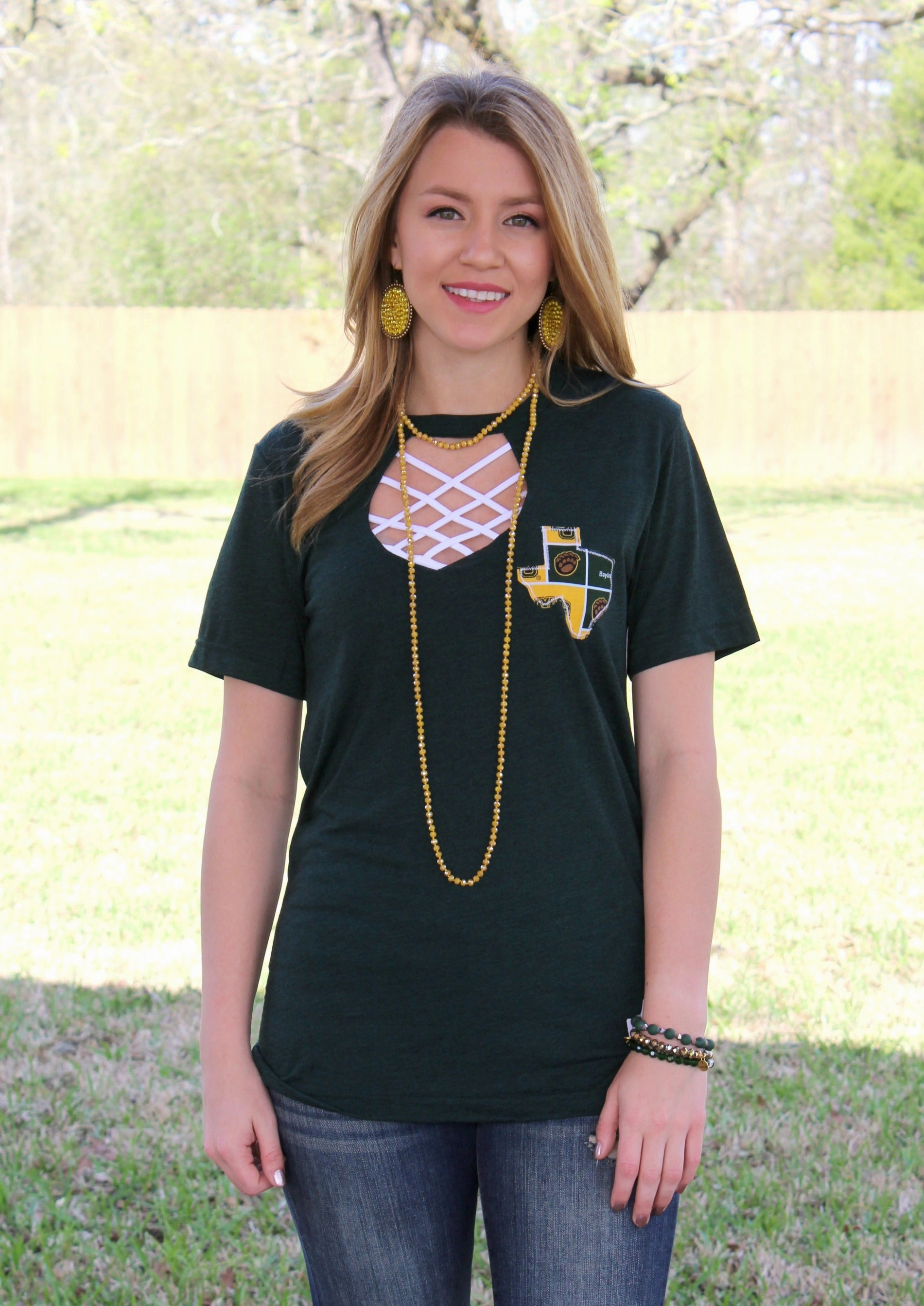 Comfy Flex Cozy Wardrobe Last Chance Size Small, Large & XL | Go Baylor Bears Short Sleeve Tee with Keyhole Cut Out in Heather Green