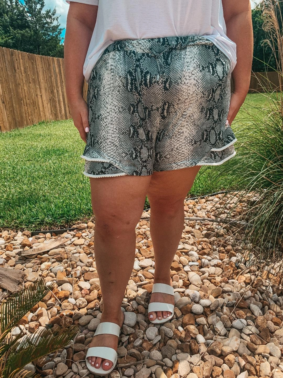 Last Chance Size Small, Large & XL | Making Hissstory Ruffle Hem Shorts with Pom Pom Trim in Snakeskin Heat Friendly Hidden Zip Pockets