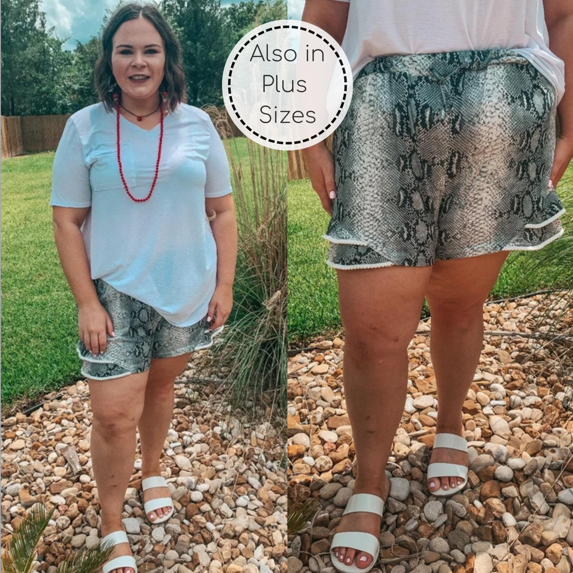 Last Chance Size Small, Large & XL | Making Hissstory Ruffle Hem Shorts with Pom Pom Trim in Snakeskin Sport Ready