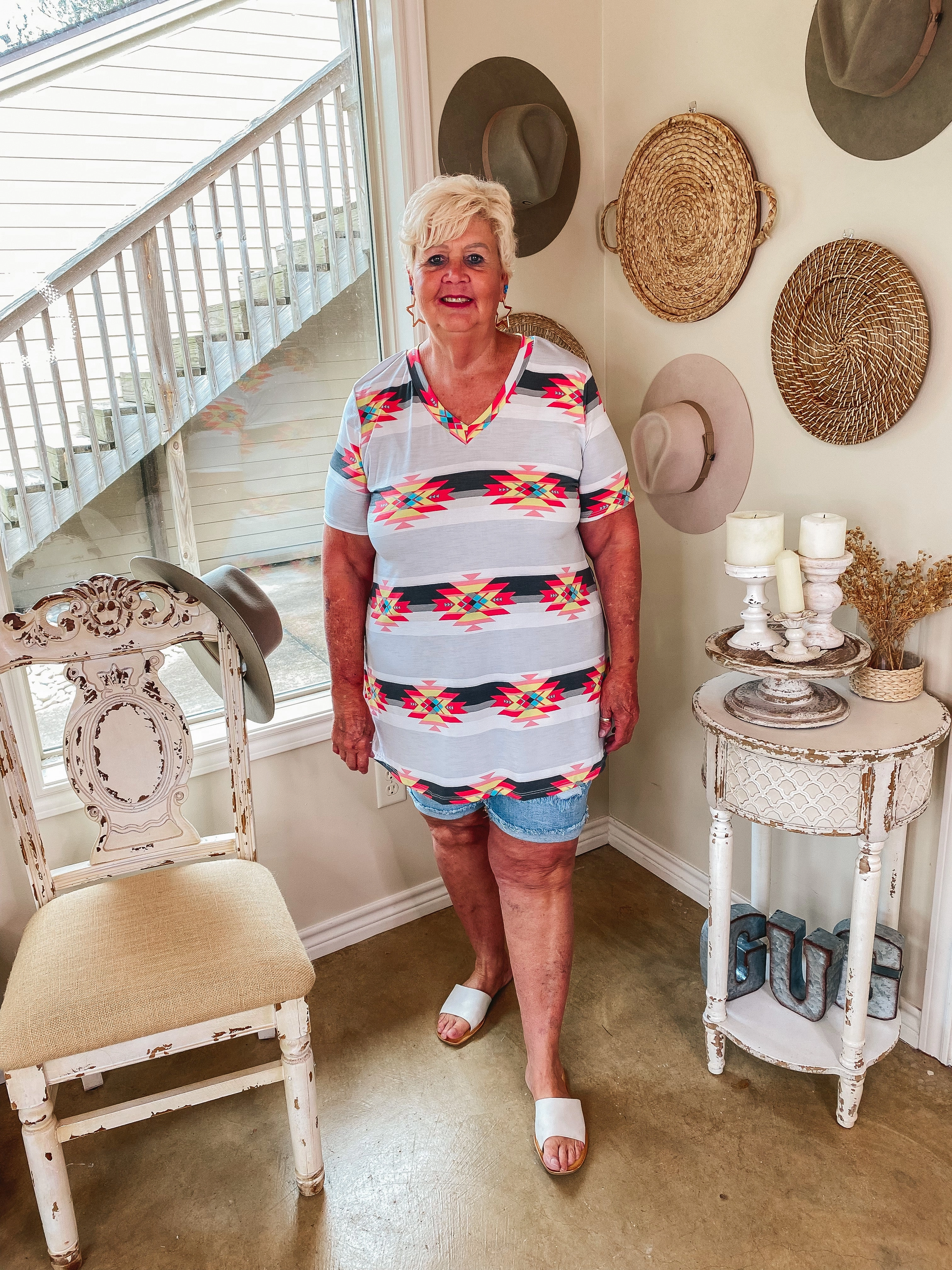 Cozy Dress Soft Inner Lining Last Chance Size Small, Med.& Large | Keep Things Simple Horizontal Striped Aztec Print V Neck Tee in Grey