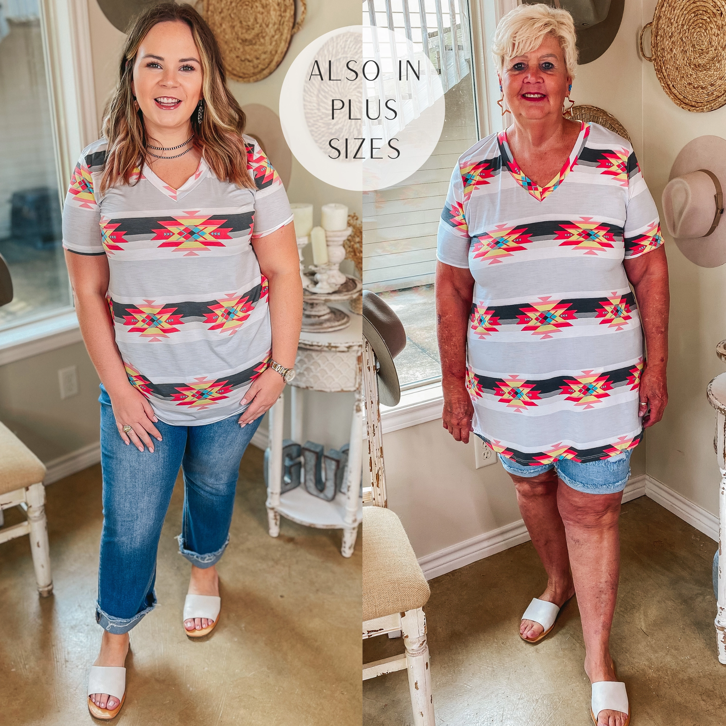 Last Chance Size Small, Med.& Large | Keep Things Simple Horizontal Striped Aztec Print V Neck Tee in Grey Fame Glow AntiPillingCloth