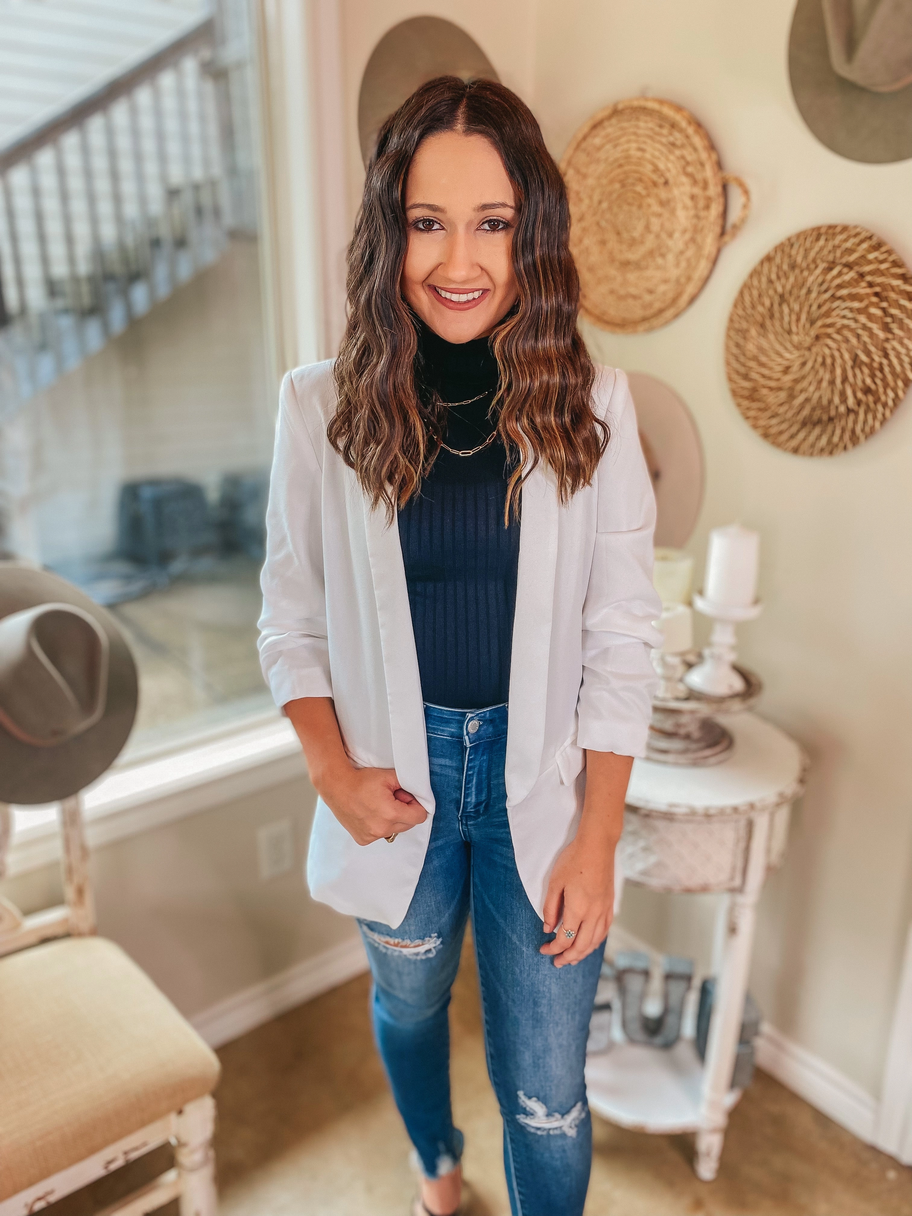 Late Breeze Last Chance Size Small, Medium, 3XL | Being Busy Ruched 3/4 Sleeve Collared Blazer in White