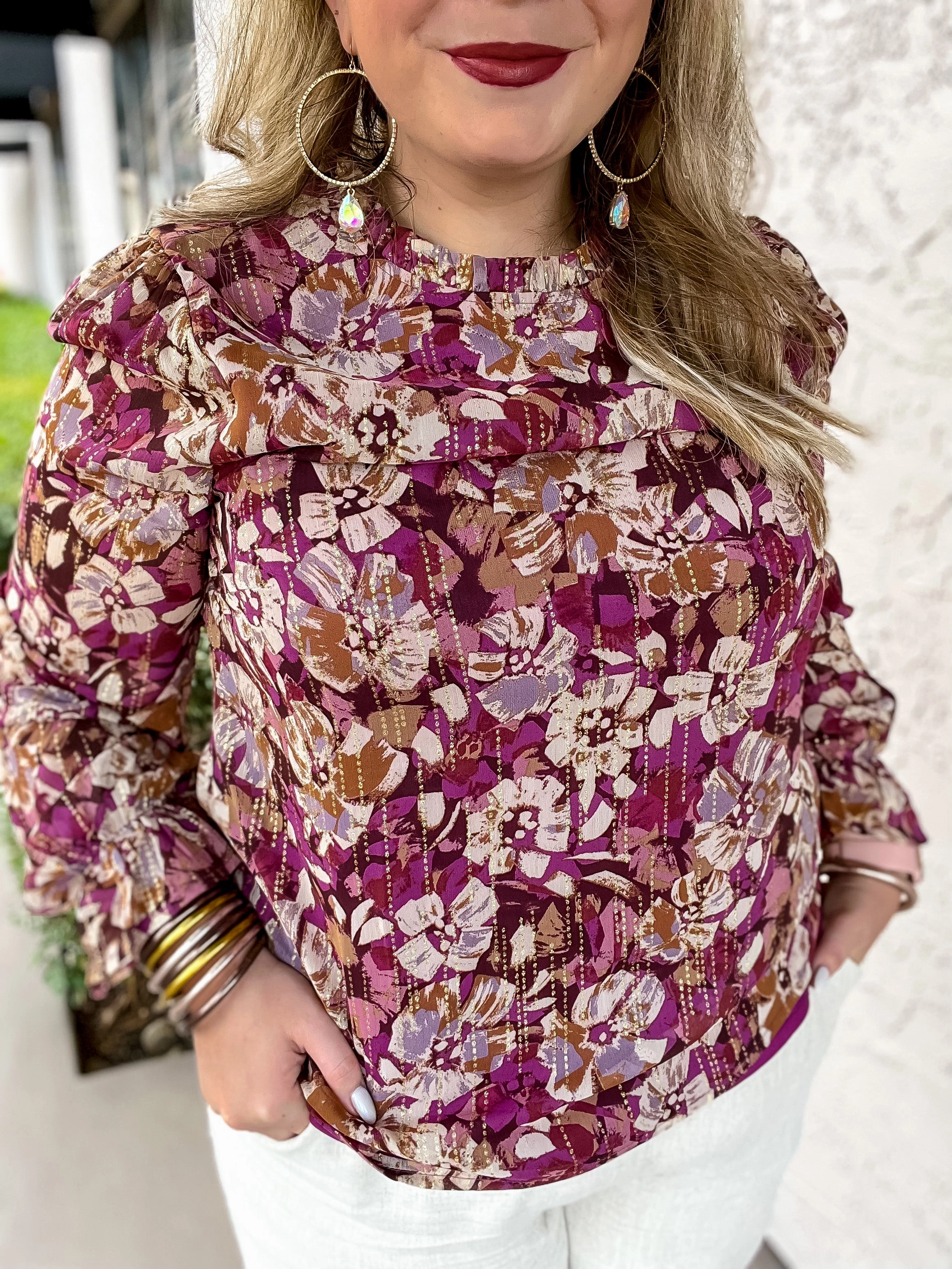 Last Chance Size Small, Medium, 3XL | Counting Favors High Neck Floral Top with Long Sleeves in Magenta and Gold AntibacterialMaterial