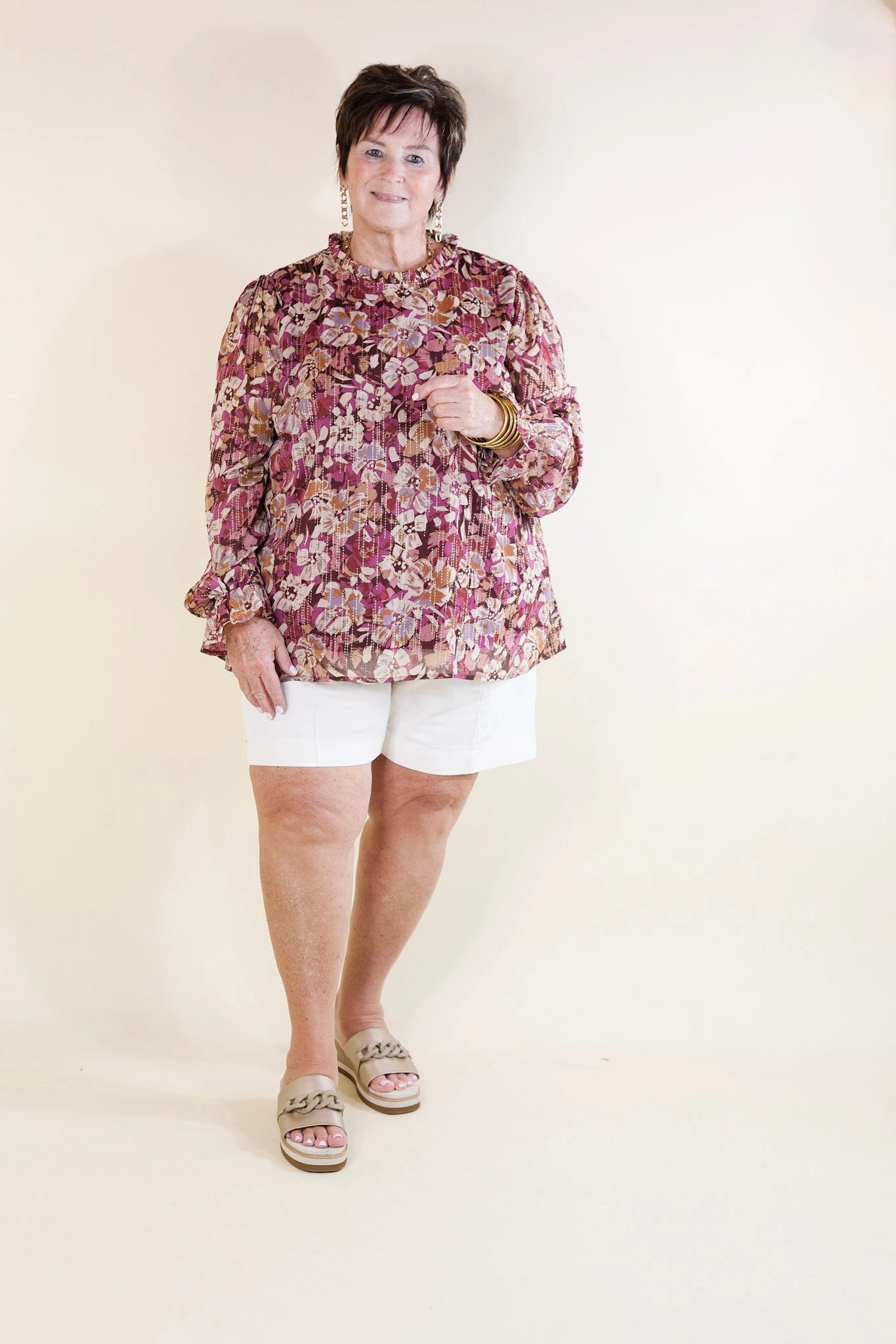 Last Chance Size Small, Medium, 3XL | Counting Favors High Neck Floral Top with Long Sleeves in Magenta and Gold DoubleLayeredEdging