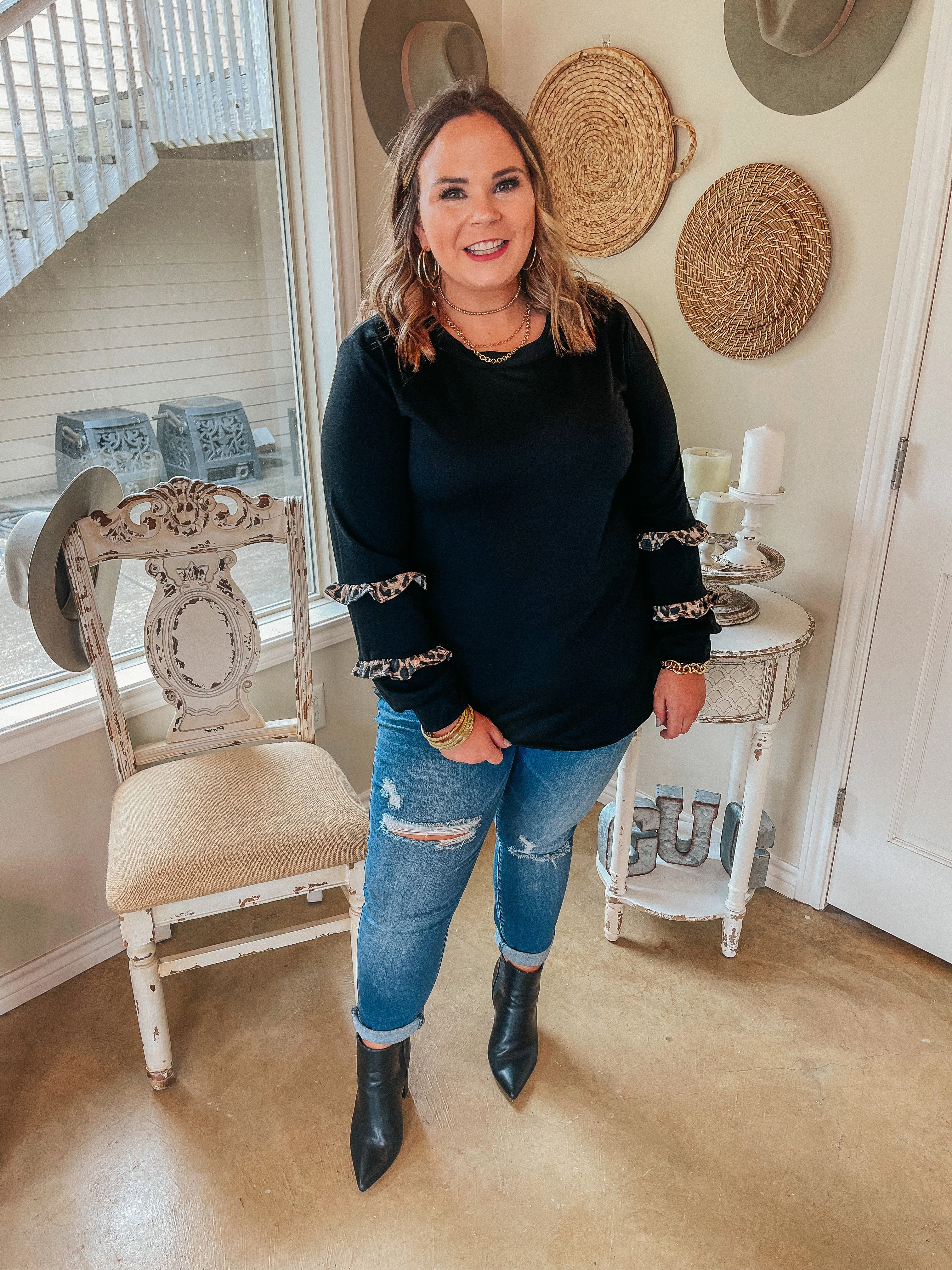 Last Chance Size Small, Medium, 3XL | With Me Forever Long Sleeve Top with Leopard Print Ruffle Trim in Black DoubleStitchedSeams