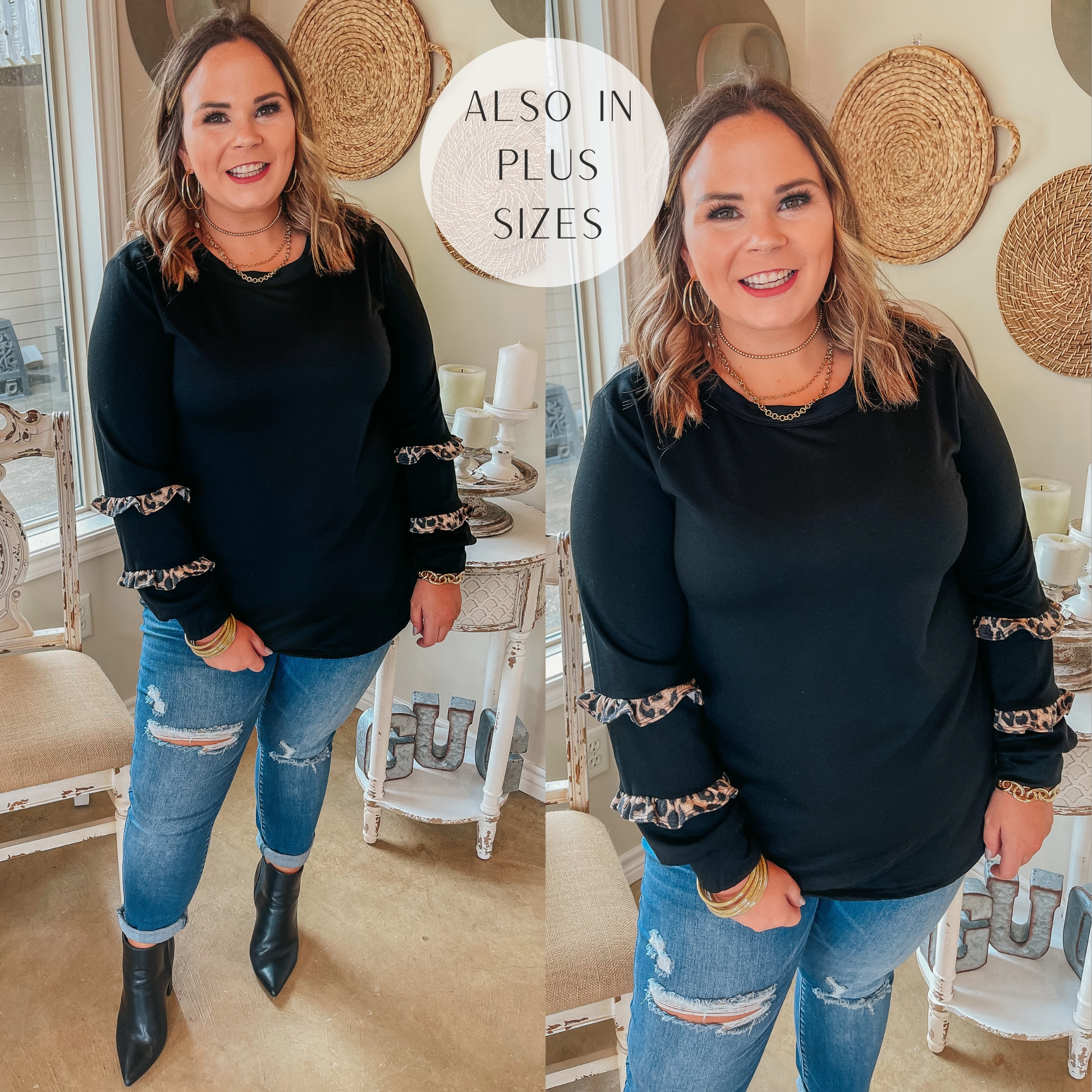 Last Chance Size Small, Medium, 3XL | With Me Forever Long Sleeve Top with Leopard Print Ruffle Trim in Black All-Occasion