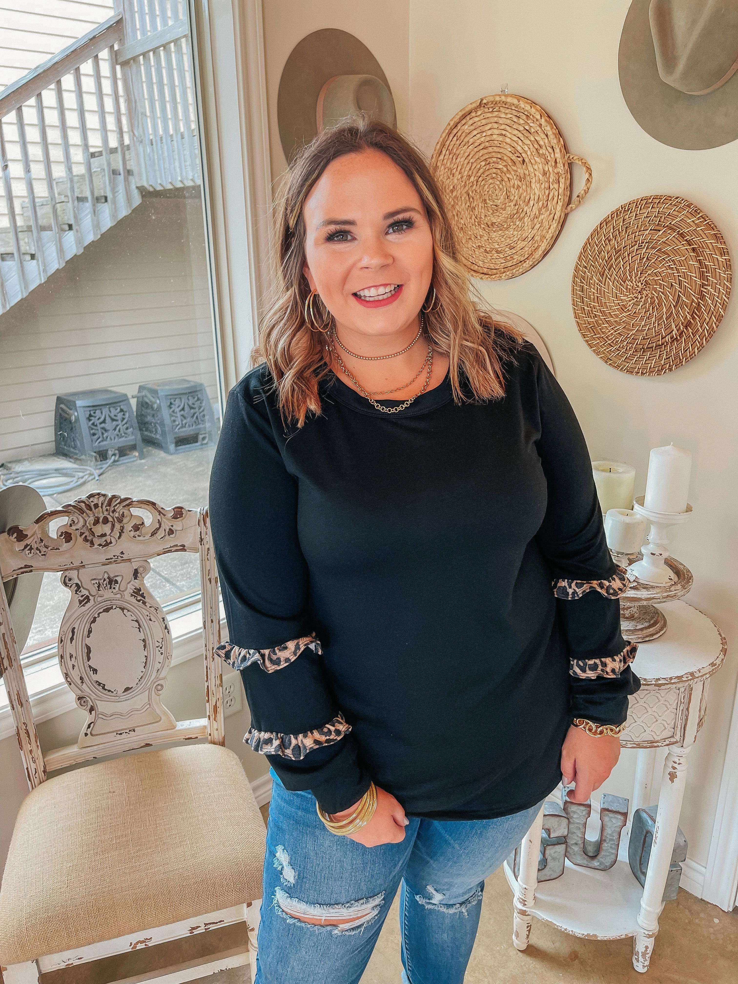 Last Chance Size Small, Medium, 3XL | With Me Forever Long Sleeve Top with Leopard Print Ruffle Trim in Black Royal Mode EasyAdjustment