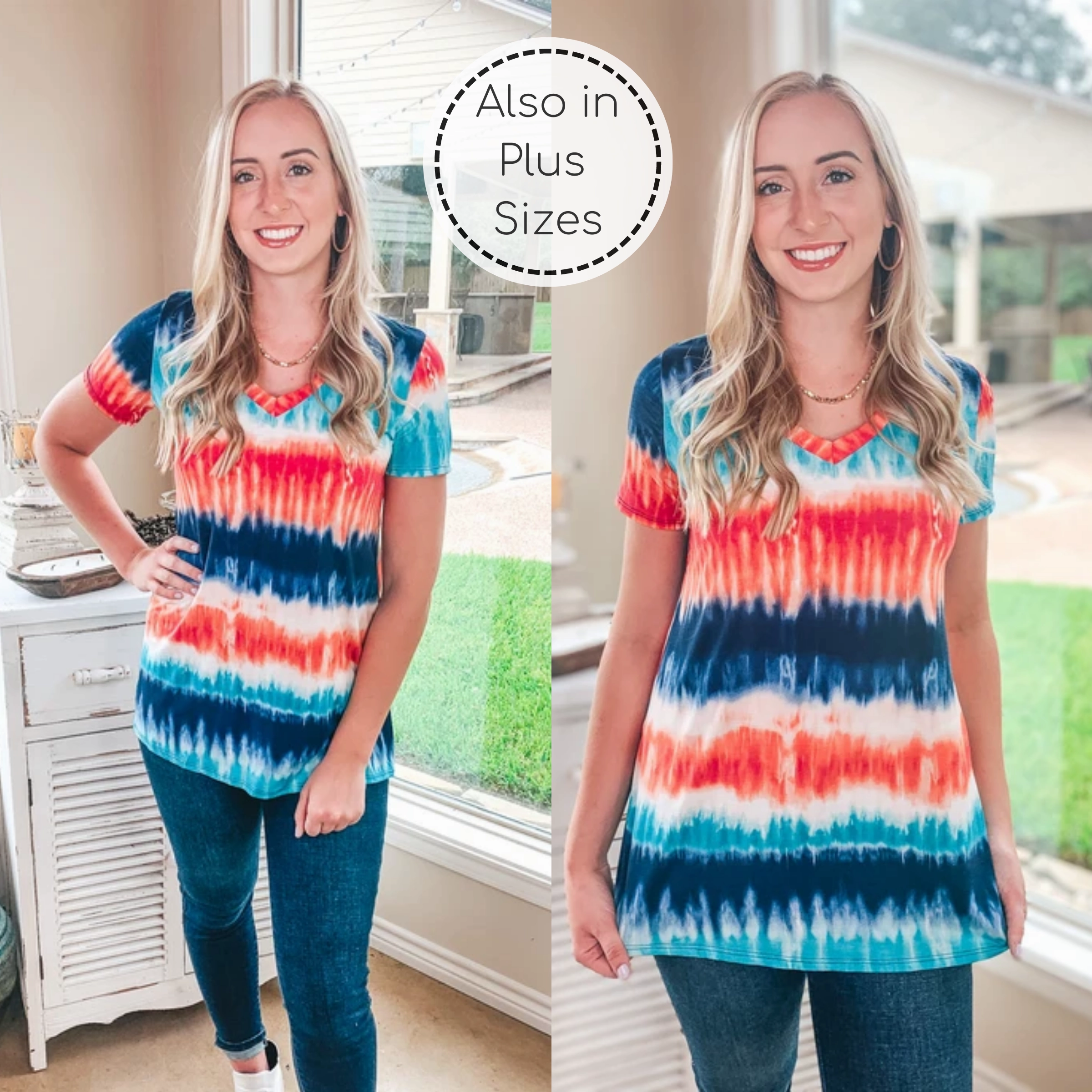 breathable materials AbrasionFreeZone Last Chance Size Small, Medium, & 3XL | Keep Things Simple Tie Dye Stripe V Neck Tee in Coral and Navy