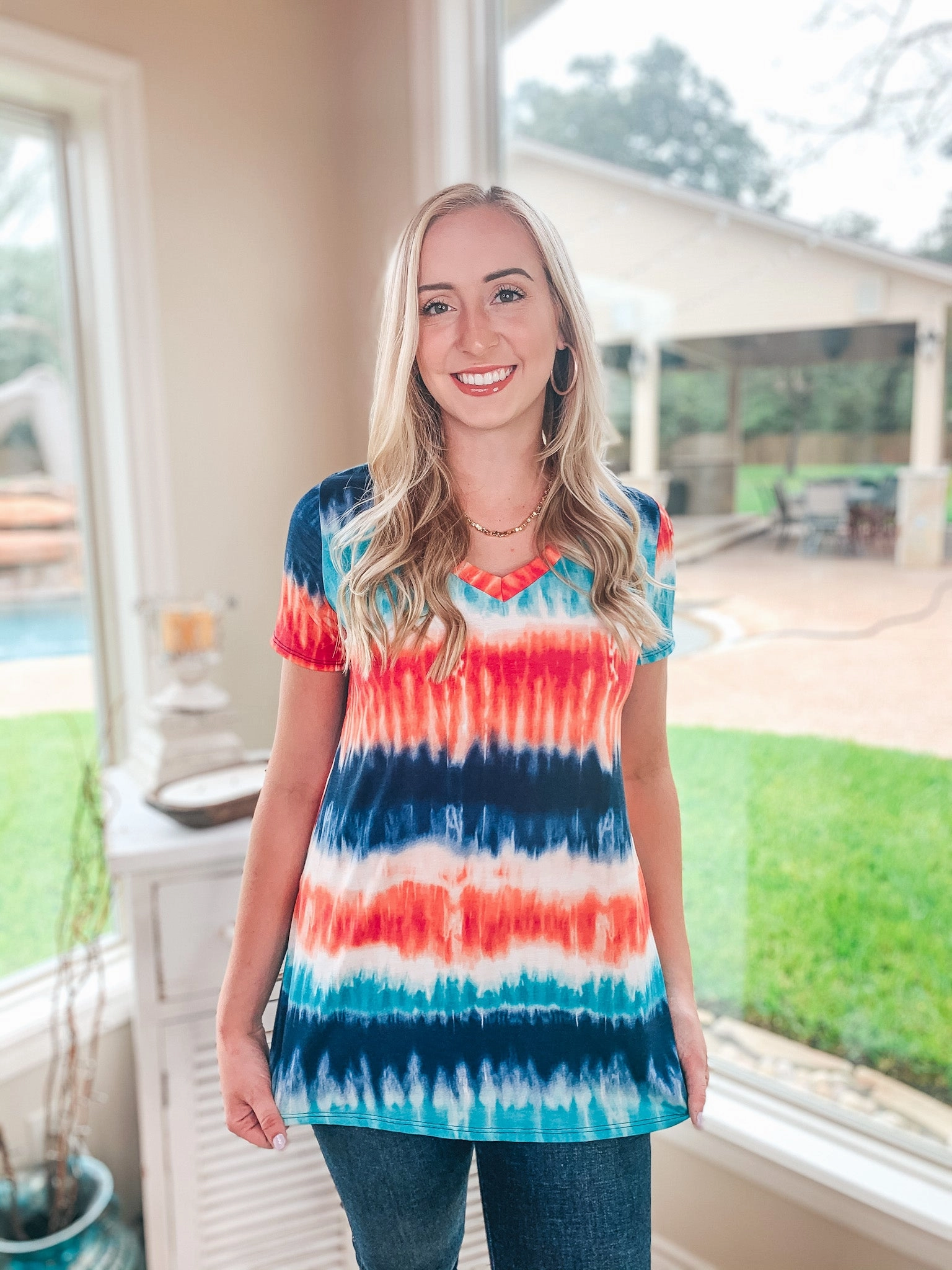 Breathable knit Pure Fit Last Chance Size Small, Medium, & 3XL | Keep Things Simple Tie Dye Stripe V Neck Tee in Coral and Navy