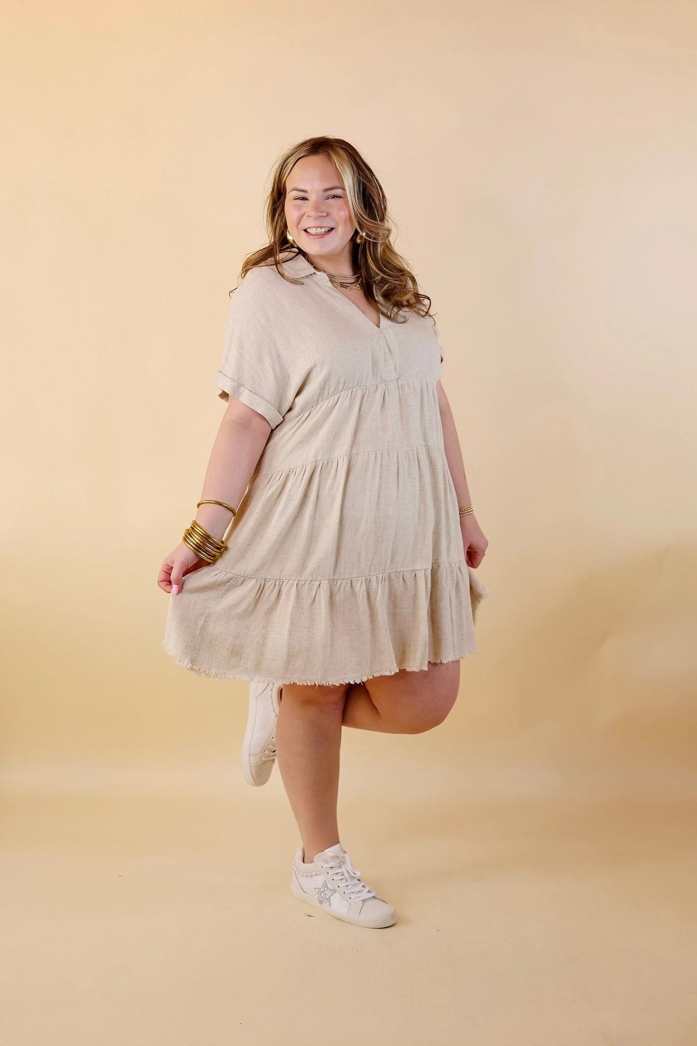 Casual Sweatshirt Foldable Hem Last Chance Size Small, Medium & XL | Taos Transitions Ruffle Tiered Collared Dress with Frayed Hem in Beige