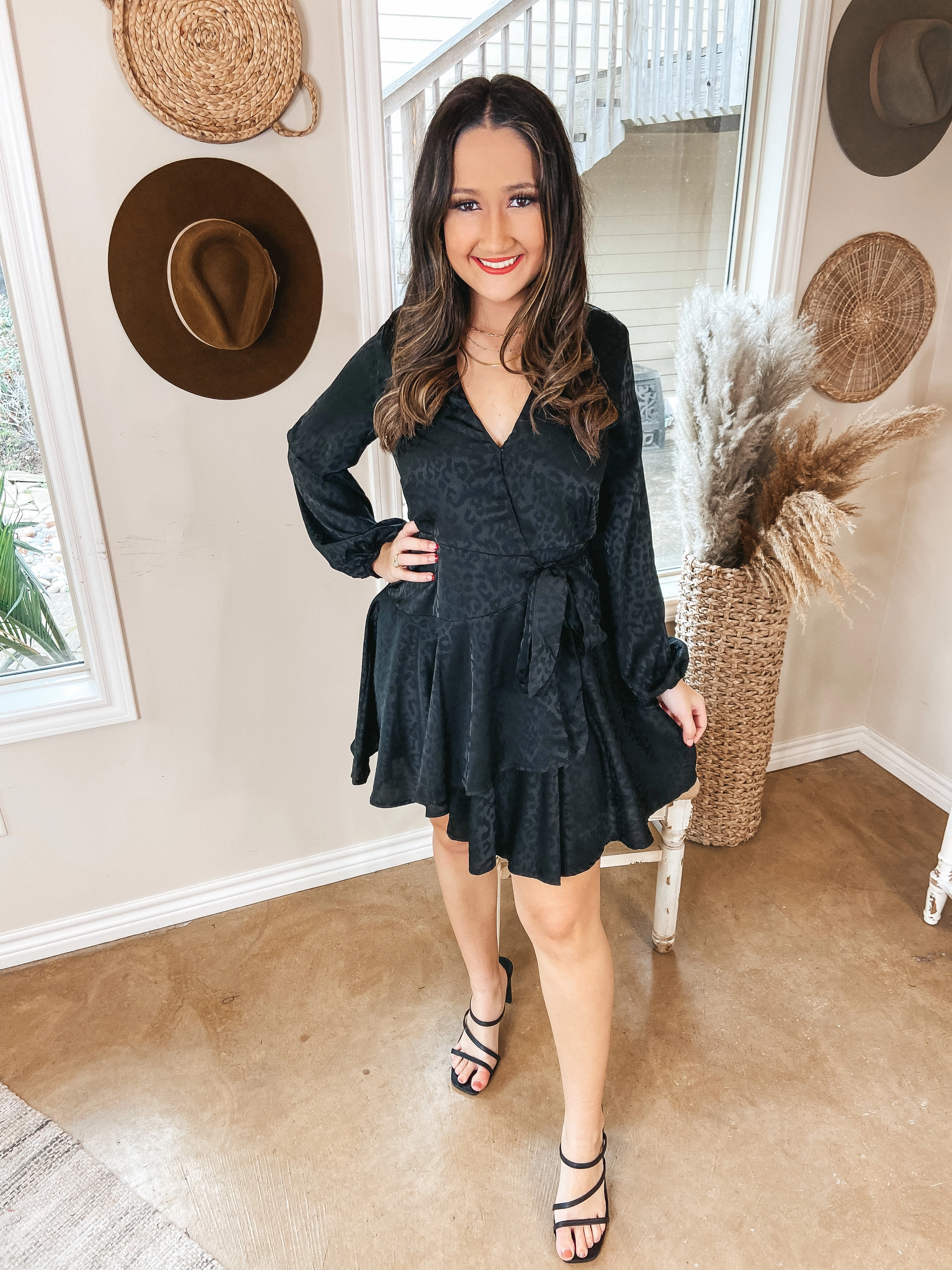 River Core Last Chance Size Small, Medium, Large | Stolen Romance Long Sleeve Satin Leopard Print Wrap Dress in Black