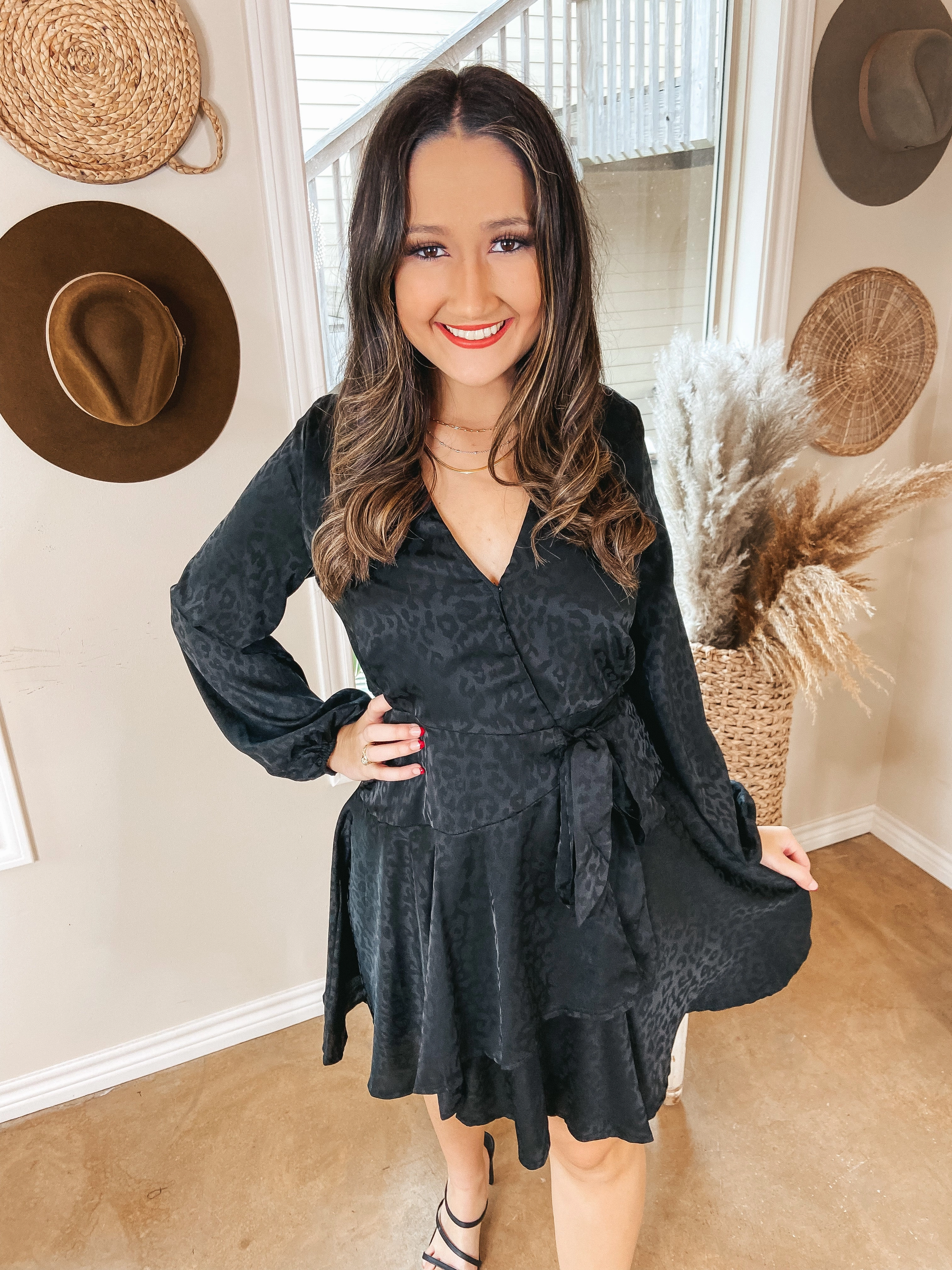 Airtight Zipper Cool Sweater Last Chance Size Small, Medium, Large | Stolen Romance Long Sleeve Satin Leopard Print Wrap Dress in Black