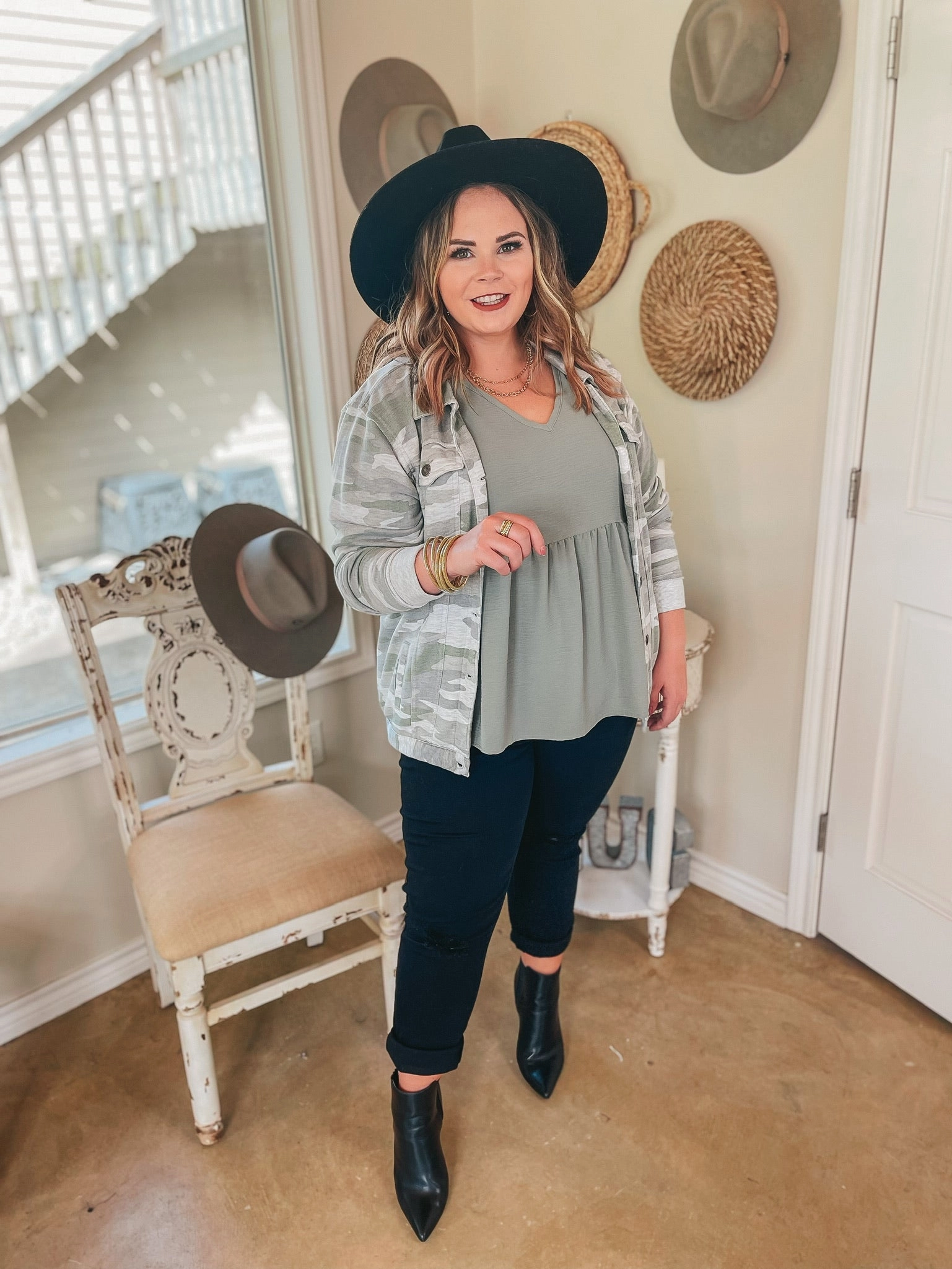 Last Chance Size Small, Medium, Large | Weekend Dreaming Button Up French Terry Jacket with Pockets in Camouflage Work-Ready