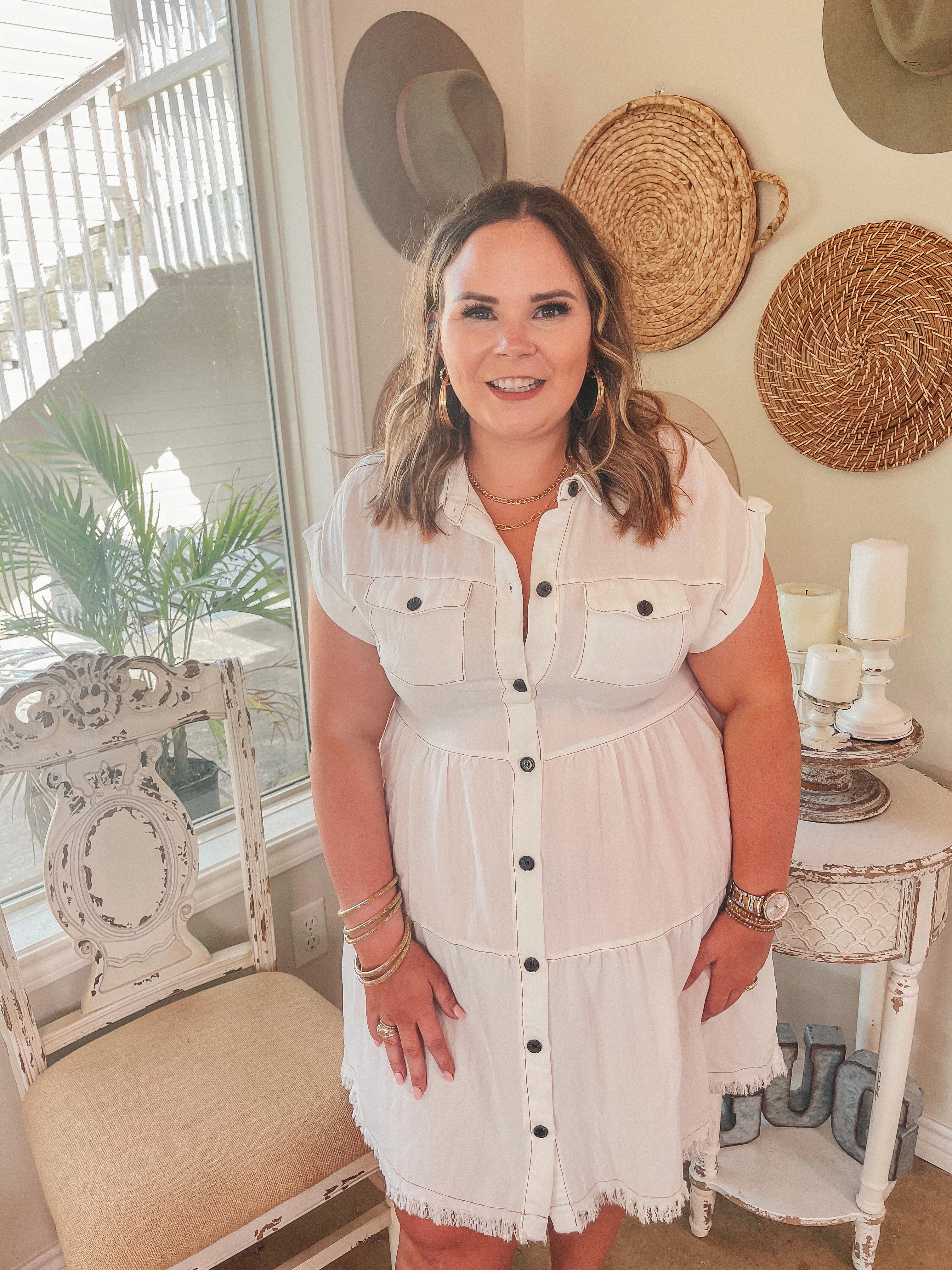 Last Chance Size Small, Medium, XL & 1XL | Oh Darling Ruffle Tiered Button Up Dress in Ivory Queen Glow Versatile Design