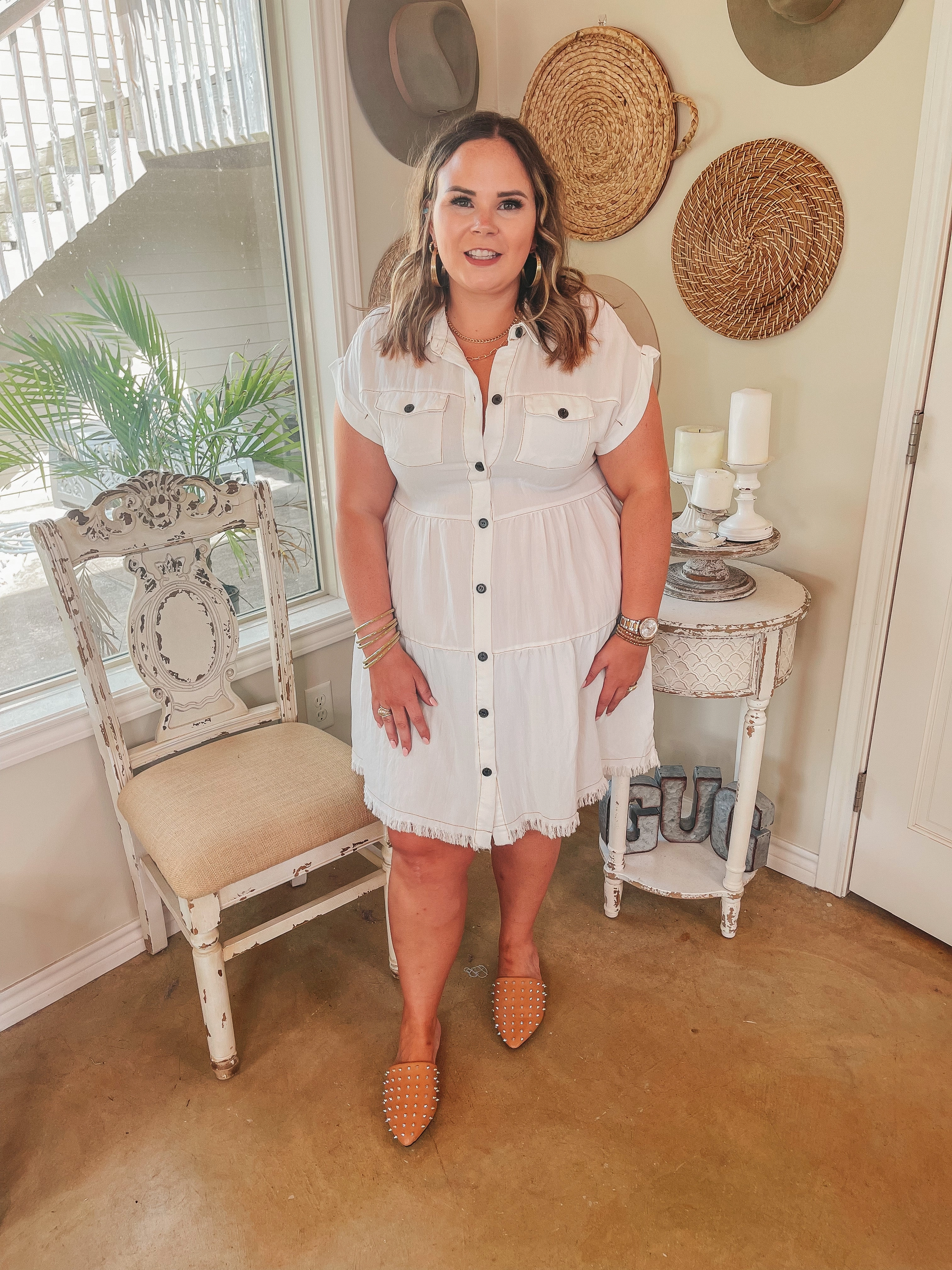 Last Chance Size Small, Medium, XL & 1XL | Oh Darling Ruffle Tiered Button Up Dress in Ivory Breathable Lamination