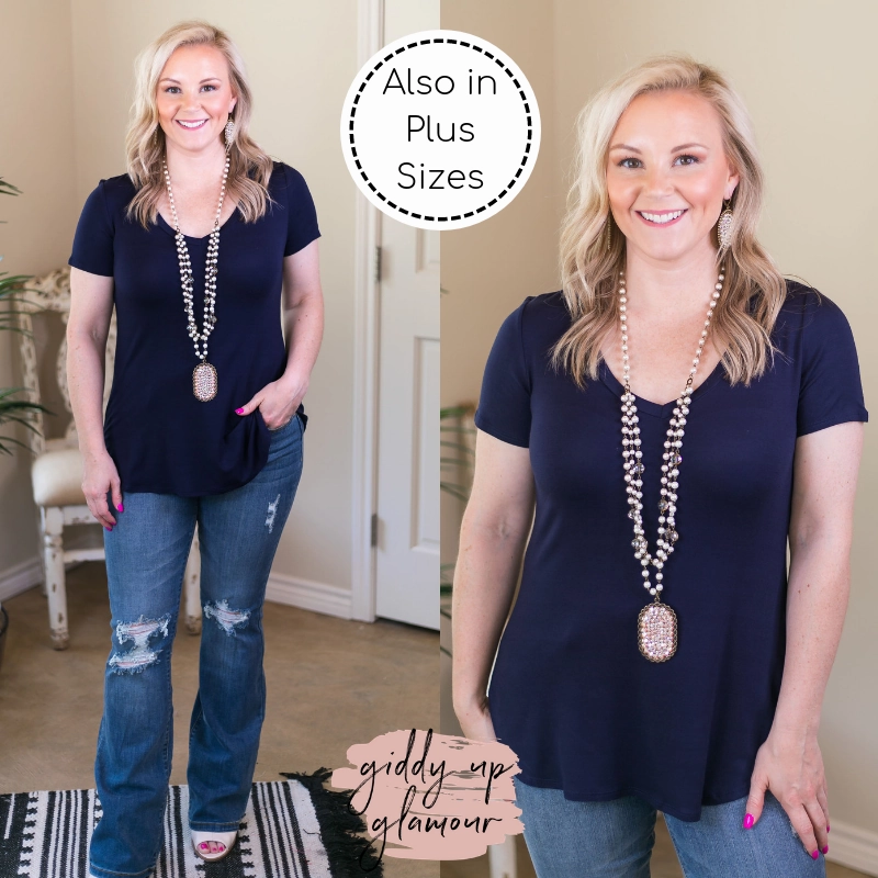 Last Chance Size Small, Medium, XL & 3XL | Simply The Best V Neck Short Sleeve Tee Shirt in Navy Blue V Neck Design stain resistant coating