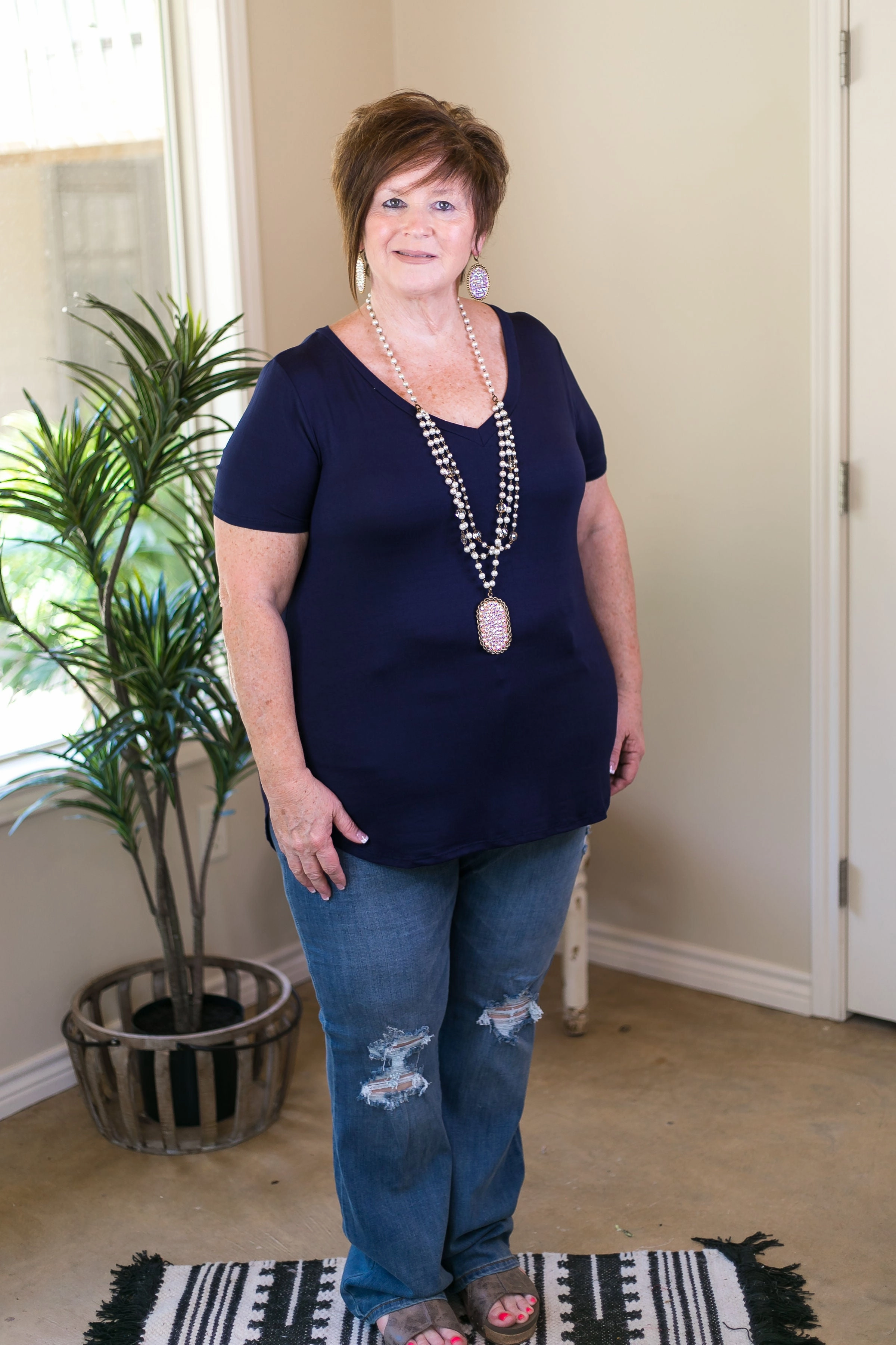 Last Chance Size Small, Medium, XL & 3XL | Simply The Best V Neck Short Sleeve Tee Shirt in Navy Blue Soft touch finish DoubleNeedle Stitching