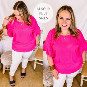 Last Chance Size Small, XL, 2XL | Basic Needs Ruffle Sleeve Top in Hot Pink Natural Fiber Blend