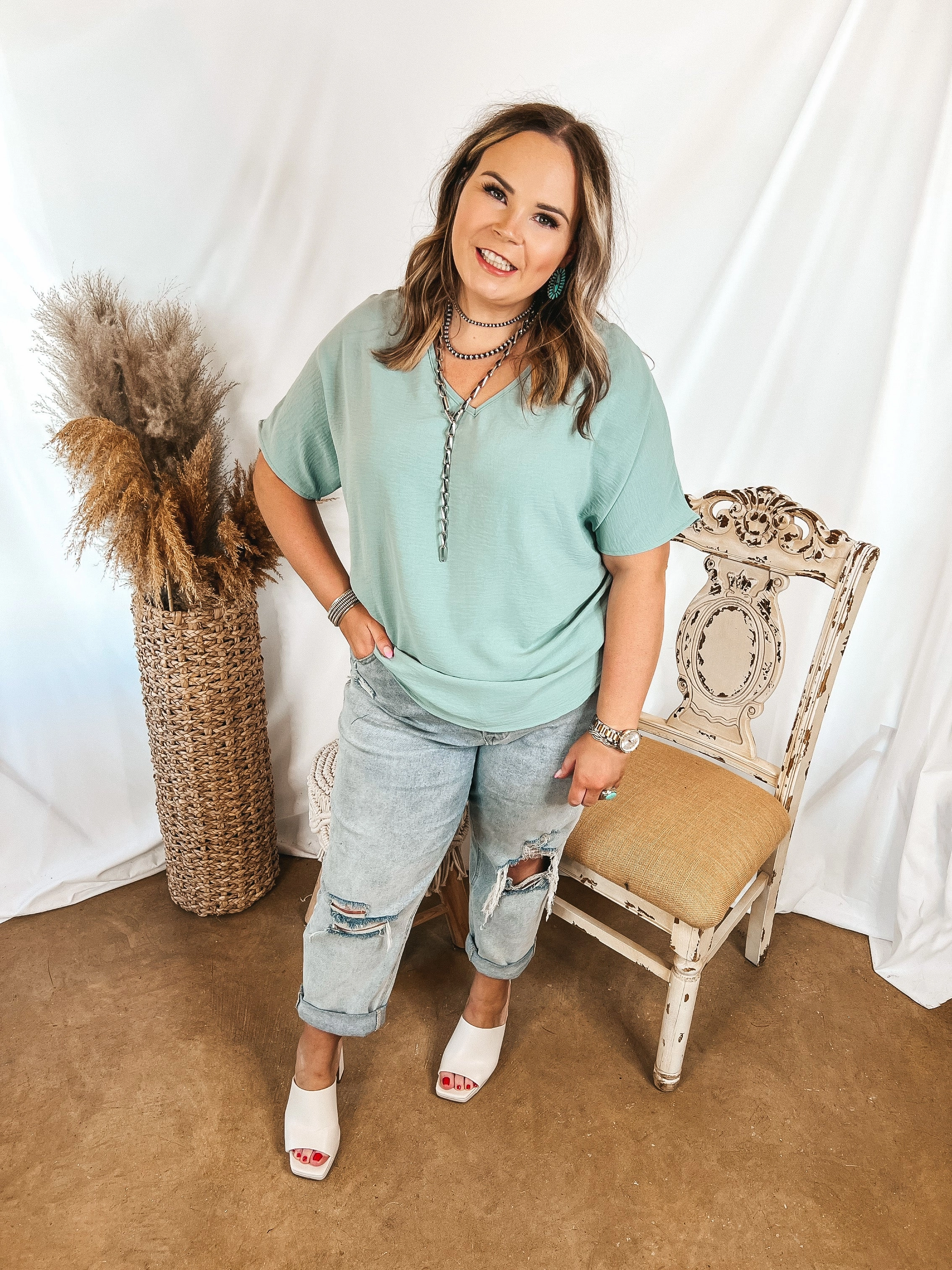 Last Chance Size XL | Lovely Dear V Neck Short Sleeve Solid Top in Aloe Blue Harbor Style Warm Fashion