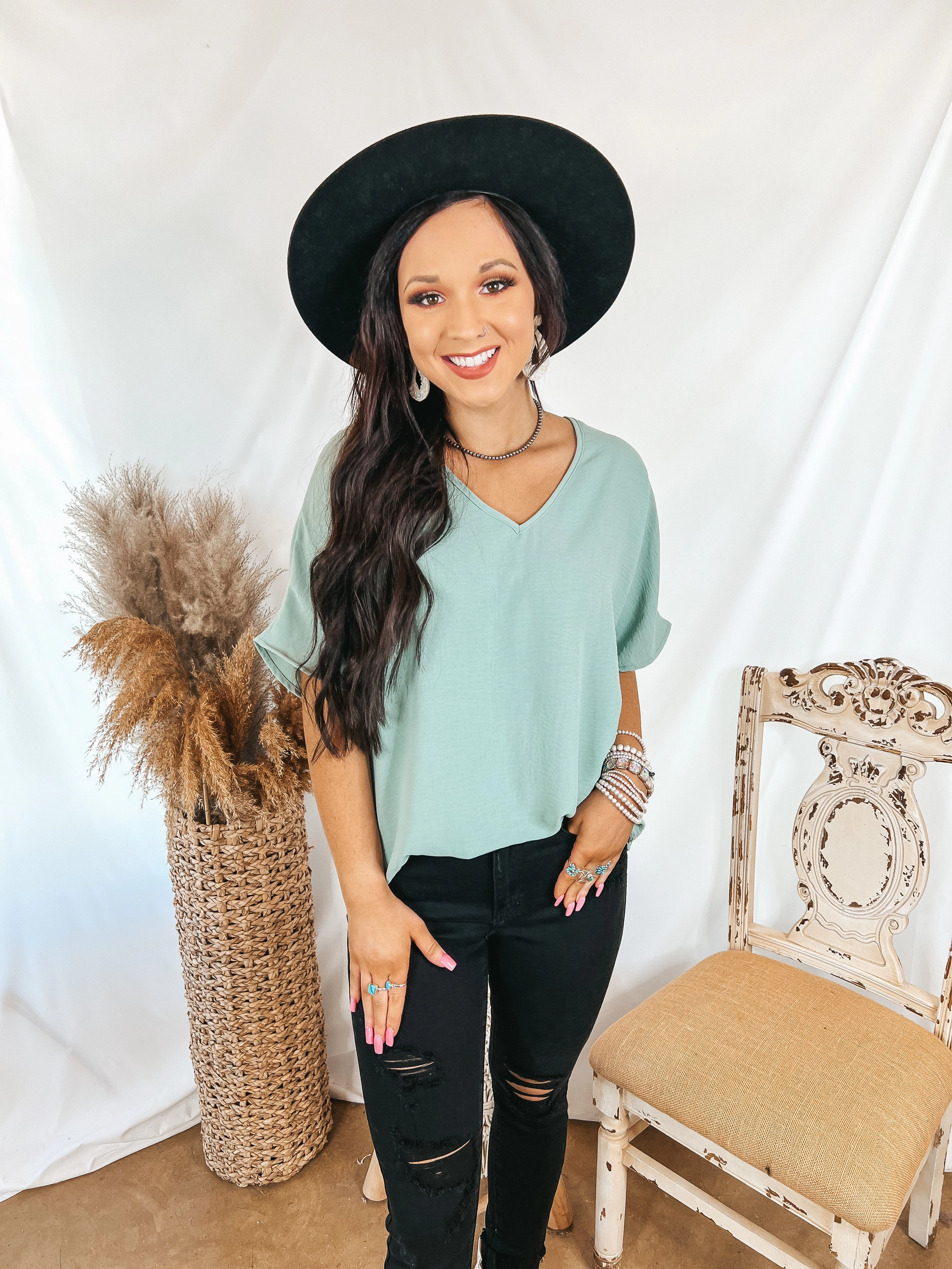 Last Chance Size XL | Lovely Dear V Neck Short Sleeve Solid Top in Aloe Blue Casual Shoes