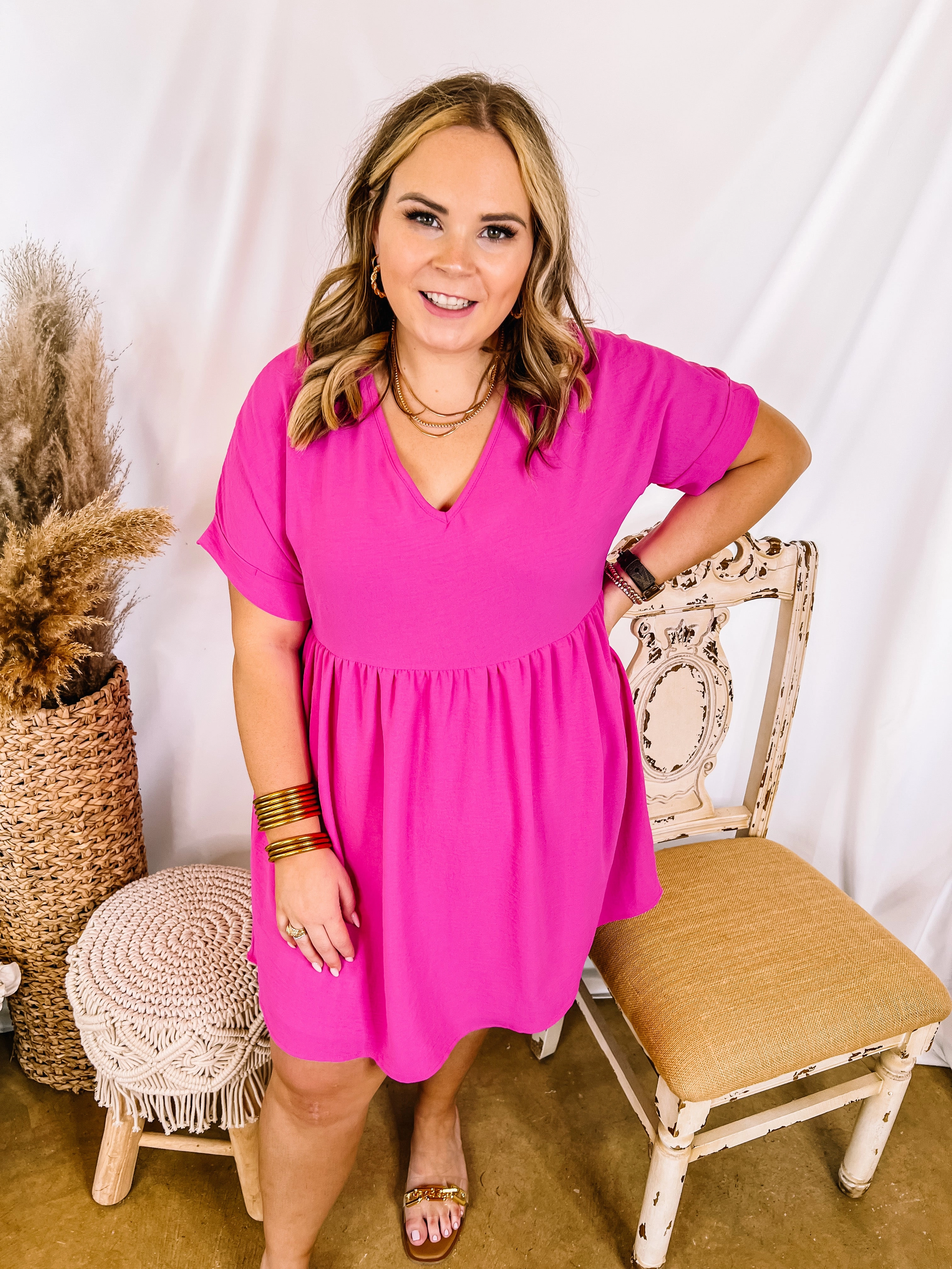 quick dry Last Chance Size XL | Touring the City V Neck Babydoll Dress in Fuchsia Pink