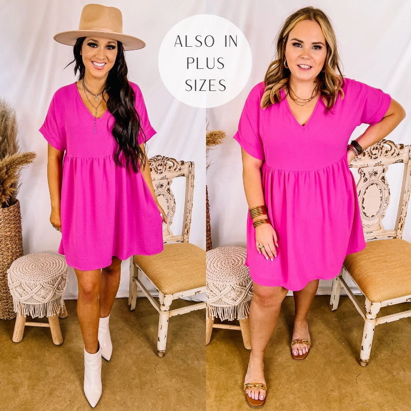 Vacation Mood Free Mind Last Chance Size XL | Touring the City V Neck Babydoll Dress in Fuchsia Pink