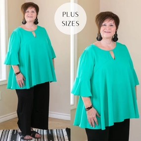 Last Chance Size XL & 1XL | Meet Me In The Middle Flare Sleeve Top with Keyhole in Seafoam Green Work-Ready