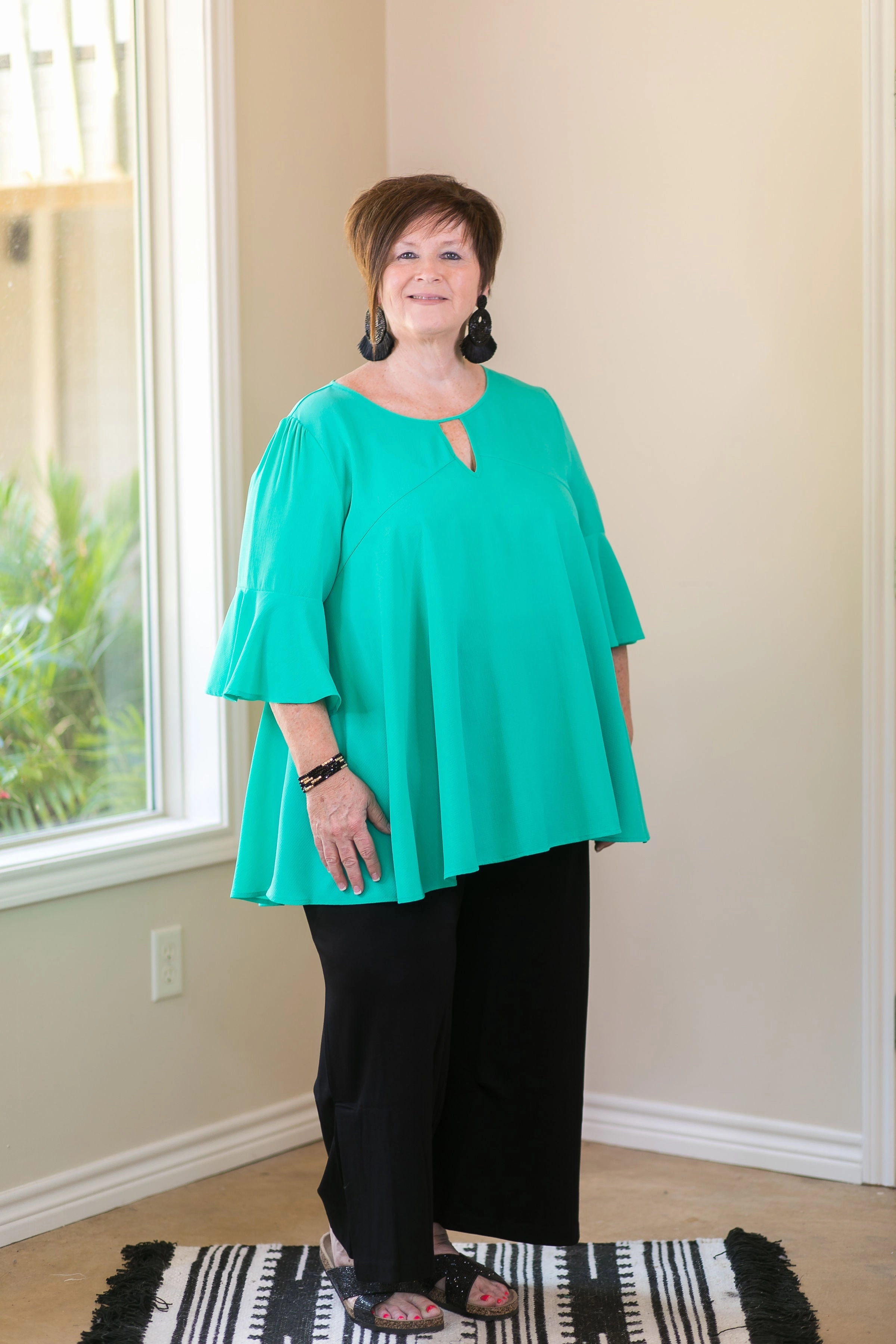 Basic Wardrobe Last Chance Size XL & 1XL | Meet Me In The Middle Flare Sleeve Top with Keyhole in Seafoam Green