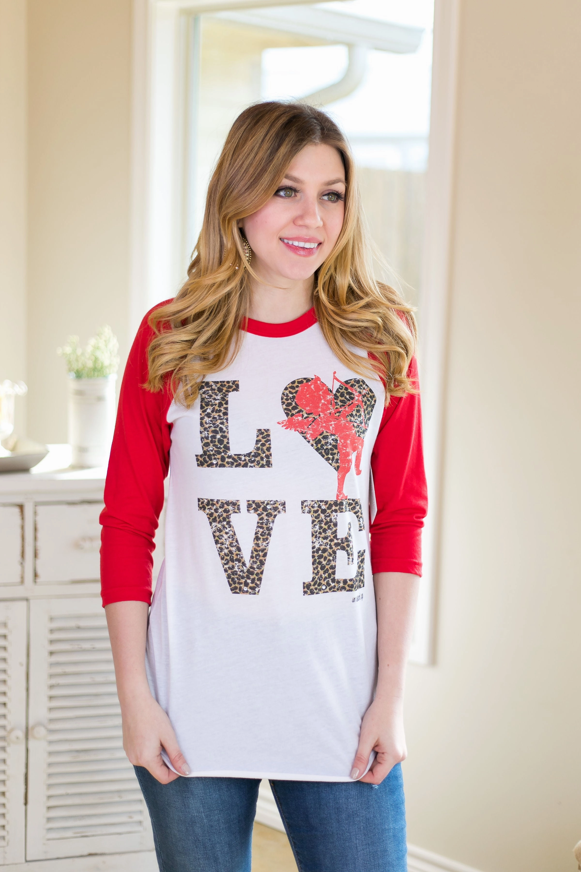 Last Chance Size XS | Cheetah Love Cupid Baseball Tee in Red Comfy Essentials Wear Modern and Soft