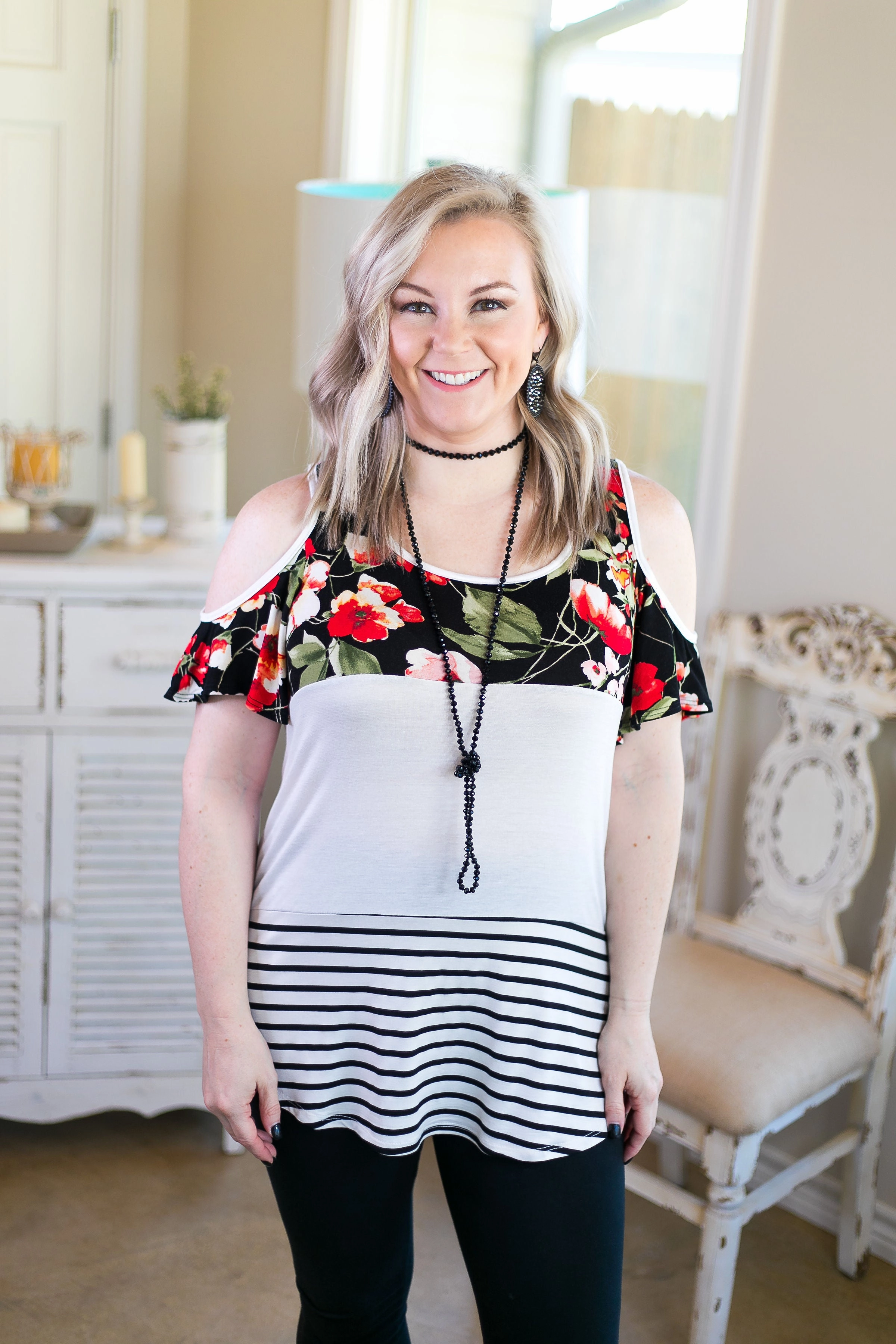 Utility Jacket summer shorts Last Chance Small & Med. | Sweetest Delight Floral & Stripe Color Block Cold Shoulder Top