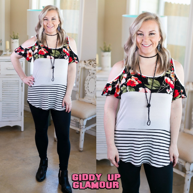 Summer Style Warm Knit Last Chance Small & Med. | Sweetest Delight Floral & Stripe Color Block Cold Shoulder Top