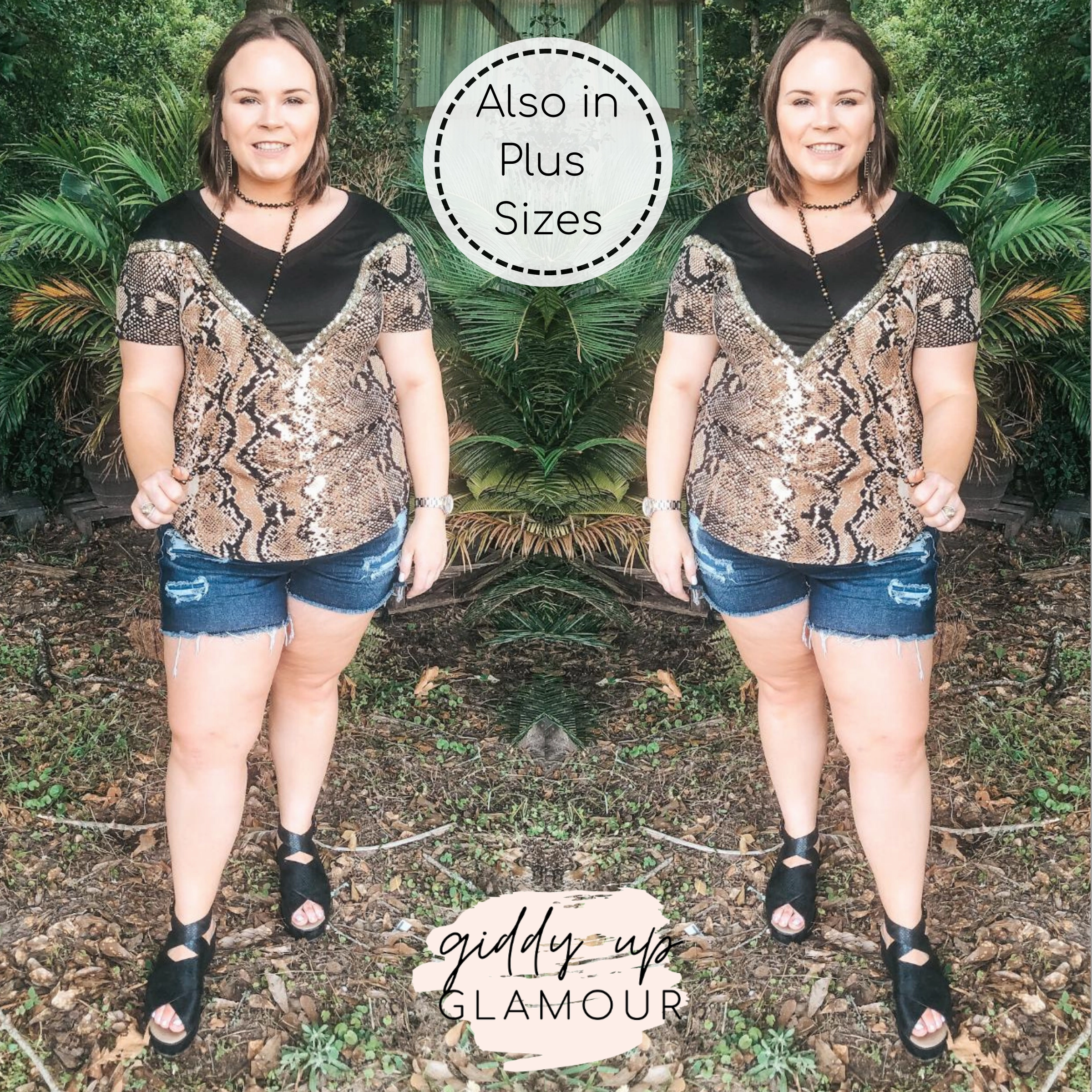 All Day Last Chance Small, Med., & 2XL | Keeping The Vibe V Neck Tee with Sequin Detailing in Snakeskin and Black