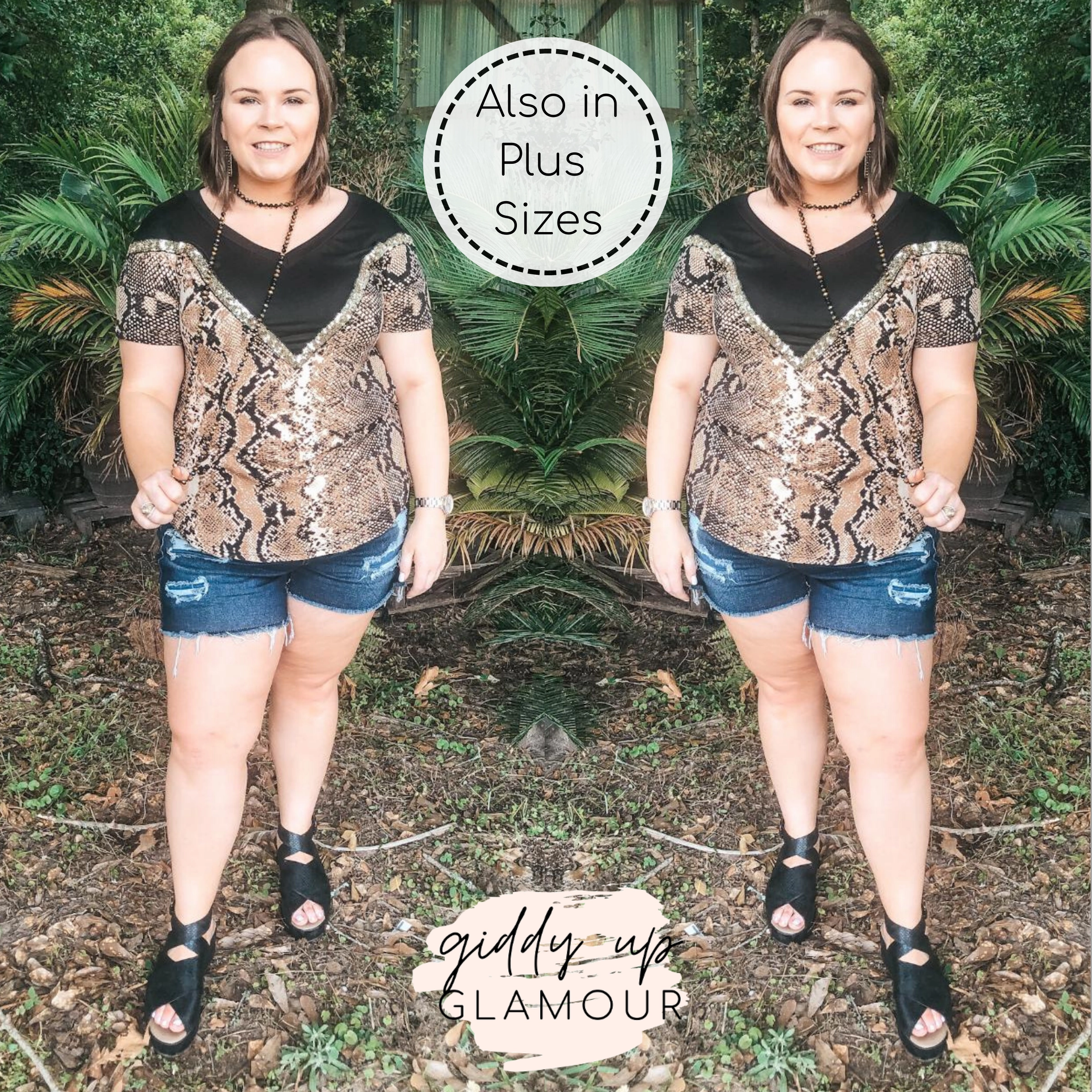 Casual Look Last Chance Small, Med., & 2XL | Keeping The Vibe V Neck Tee with Sequin Detailing in Snakeskin and Black