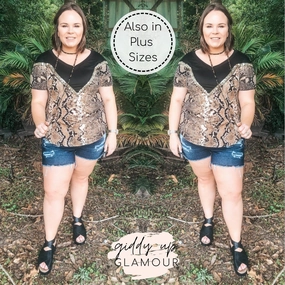 Casual Look Last Chance Small, Med., & 2XL | Keeping The Vibe V Neck Tee with Sequin Detailing in Snakeskin and Black