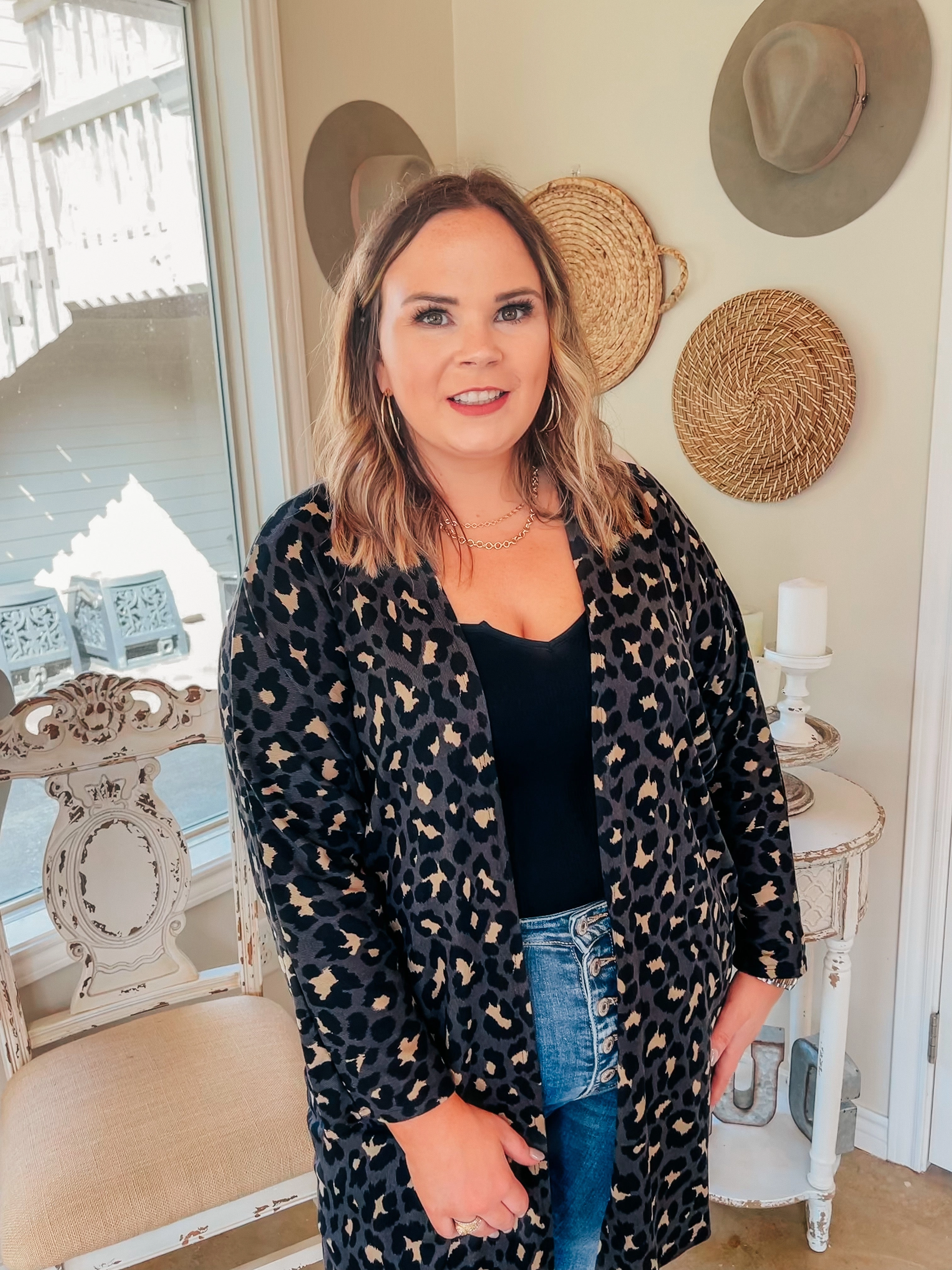 Last Chance Small, Medium and Large | Let's Be Real Open Front 3/4 Sleeve Leopard Cardigan in Grey Casual dress