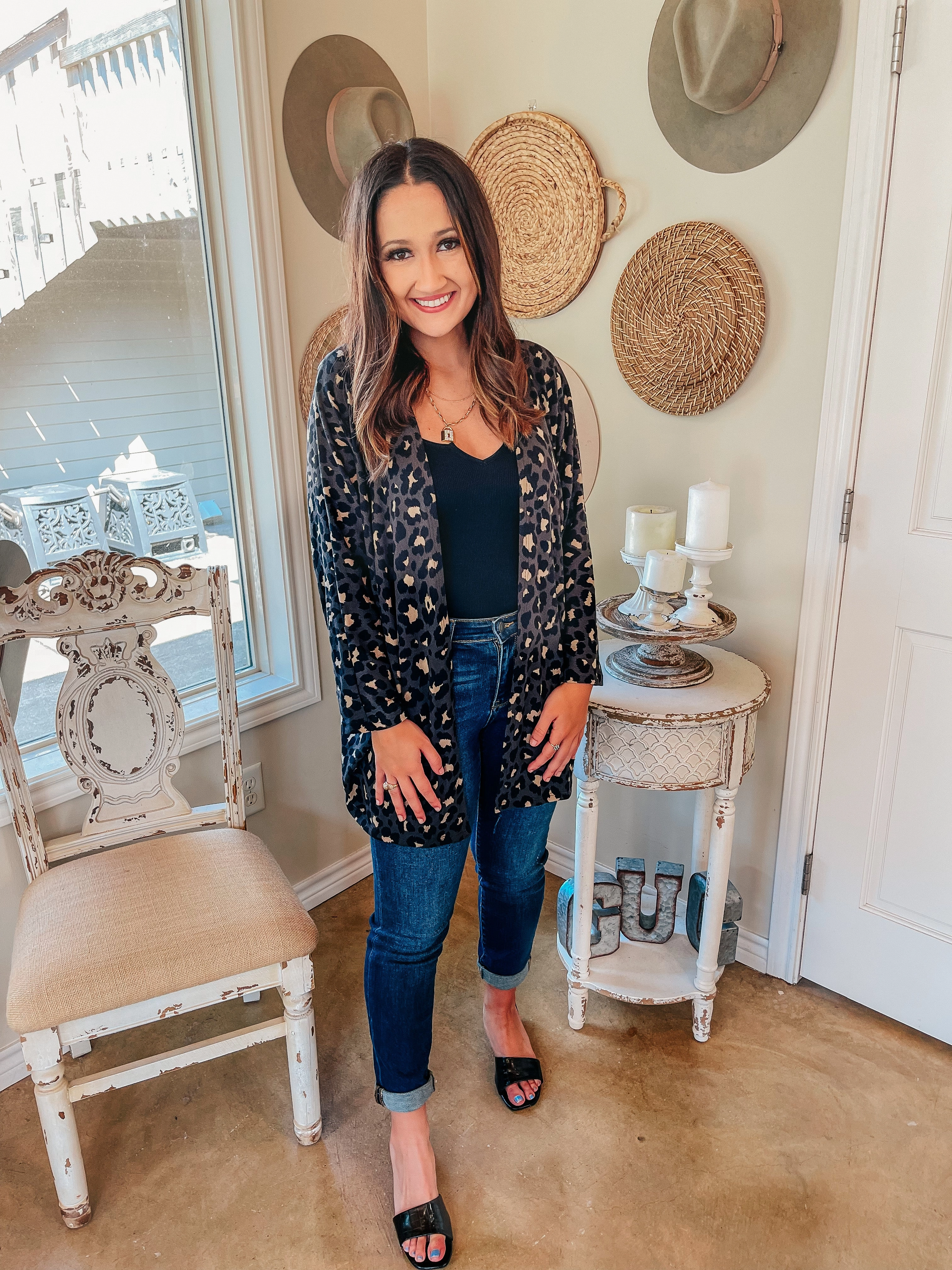 Last Chance Small, Medium and Large | Let's Be Real Open Front 3/4 Sleeve Leopard Cardigan in Grey WaterRepellent Coating Pure Tone