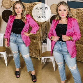 Lasting Impression Leopard Print Blazer with Ruched 3/4 Sleeves in Hot Pink Loose Thread