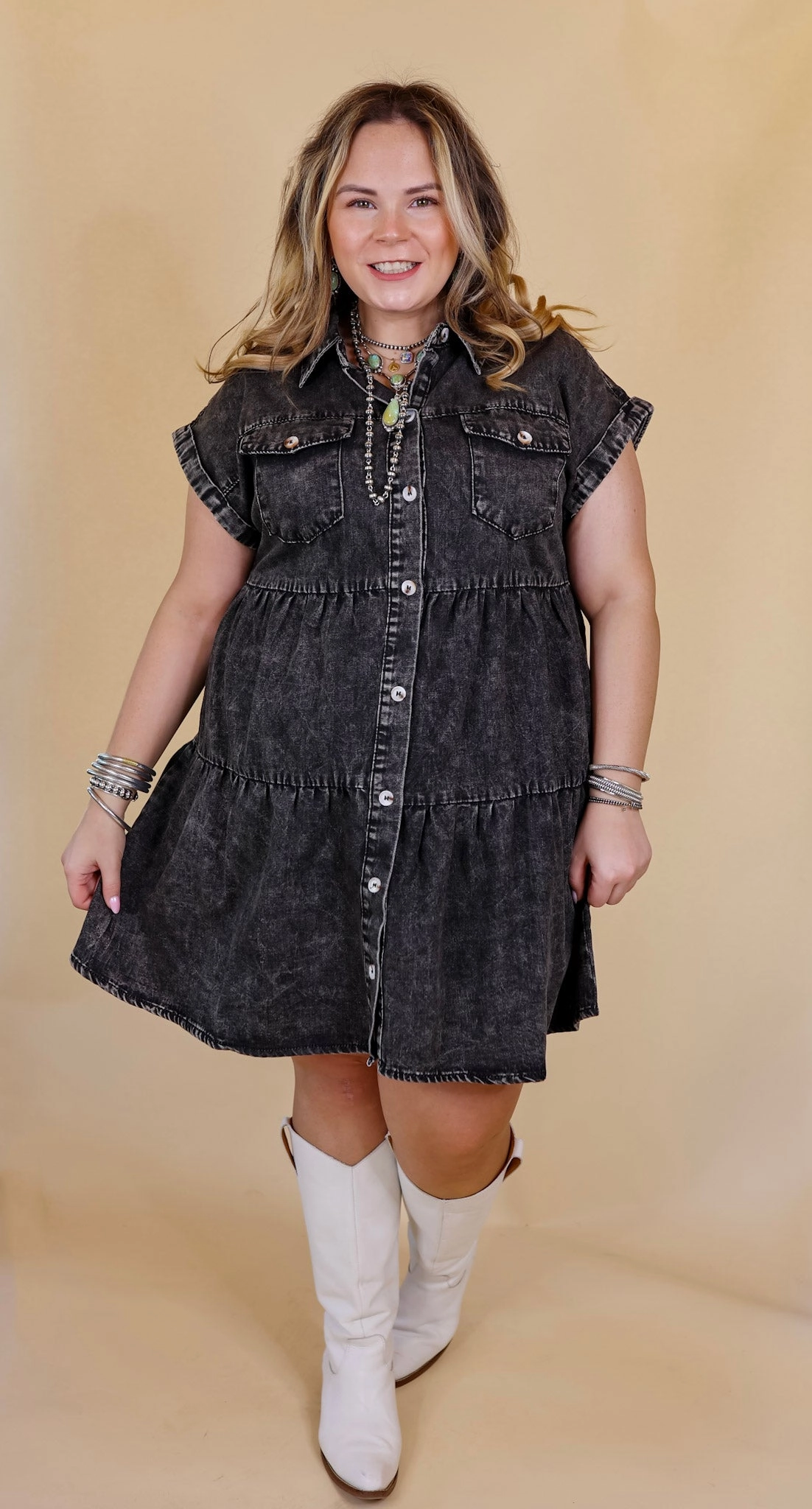 Active Fit Latest Obsession Button Up Denim Tiered Dress in Black