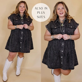 Latest Obsession Button Up Denim Tiered Dress in Black Recycled Polyester Blend VentilatedMesh