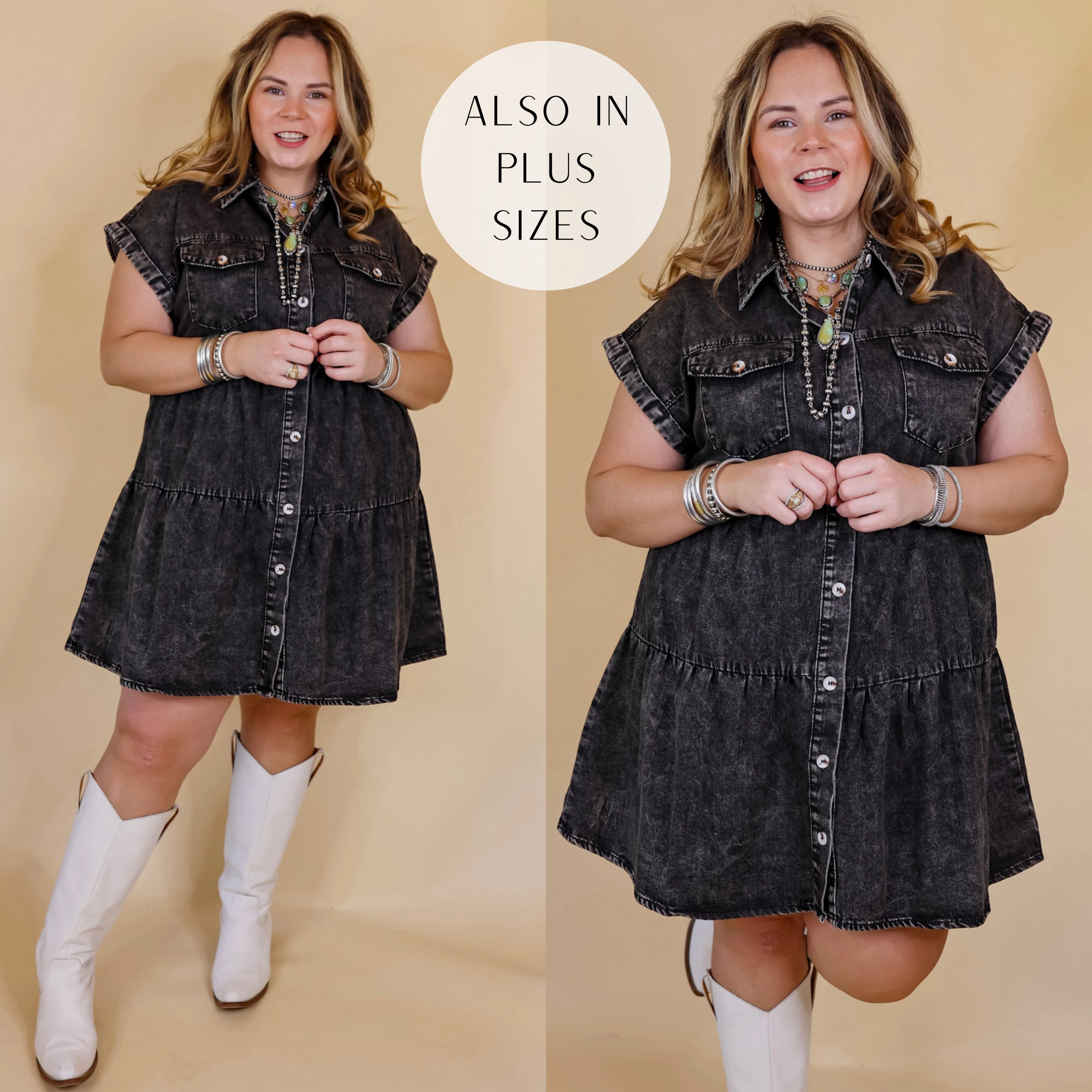 Latest Obsession Button Up Denim Tiered Dress in Black Recycled Polyester Blend VentilatedMesh